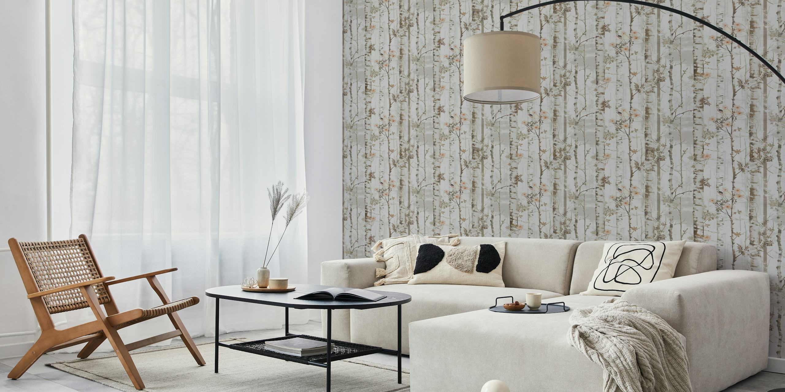 Winter birch forest wallpaper in a room