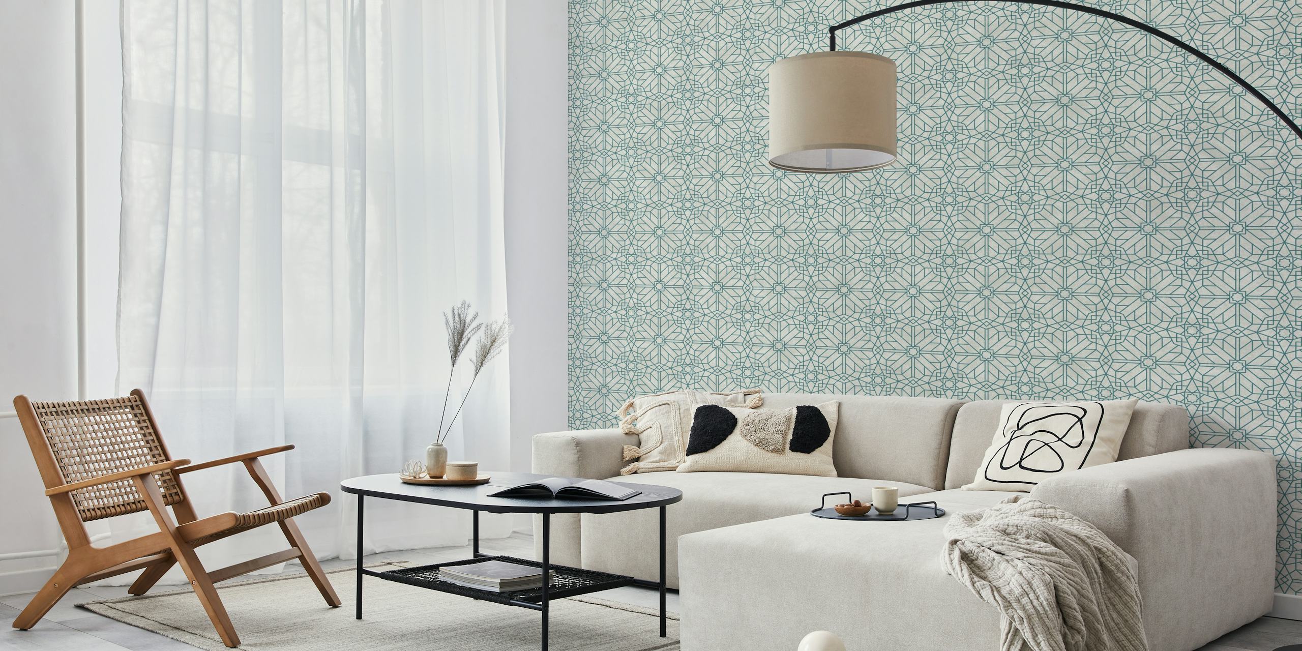 Geometric blue and gray wallpaper in a room
