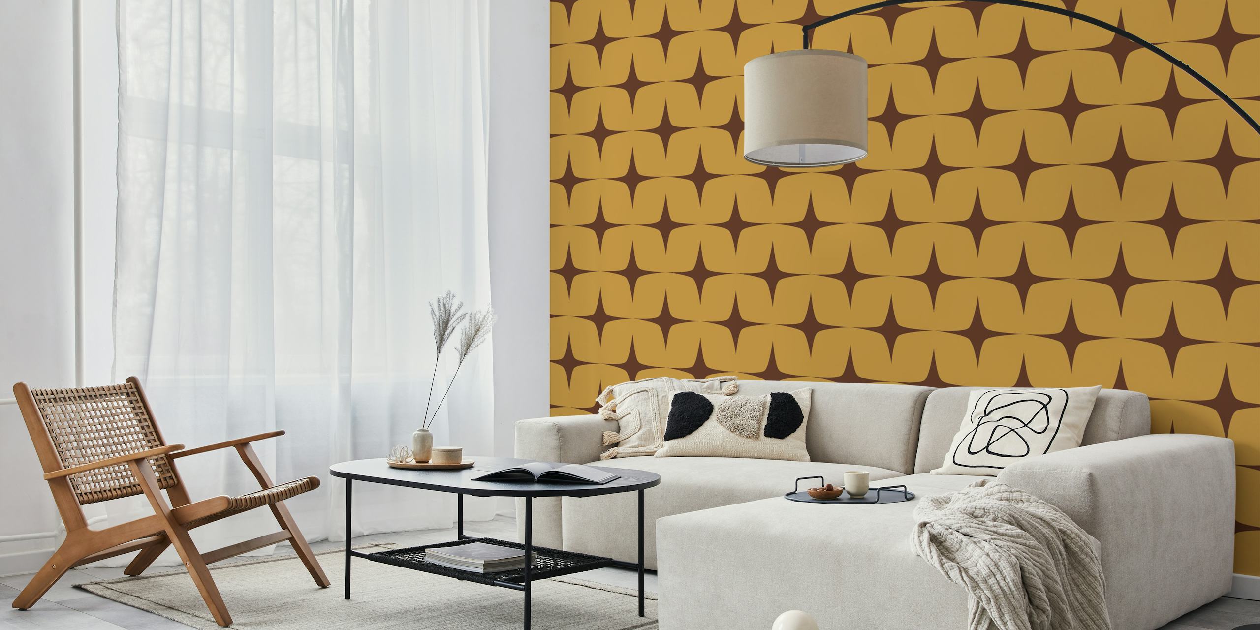 Geometric starburst pattern in yellow and brown wallpaper