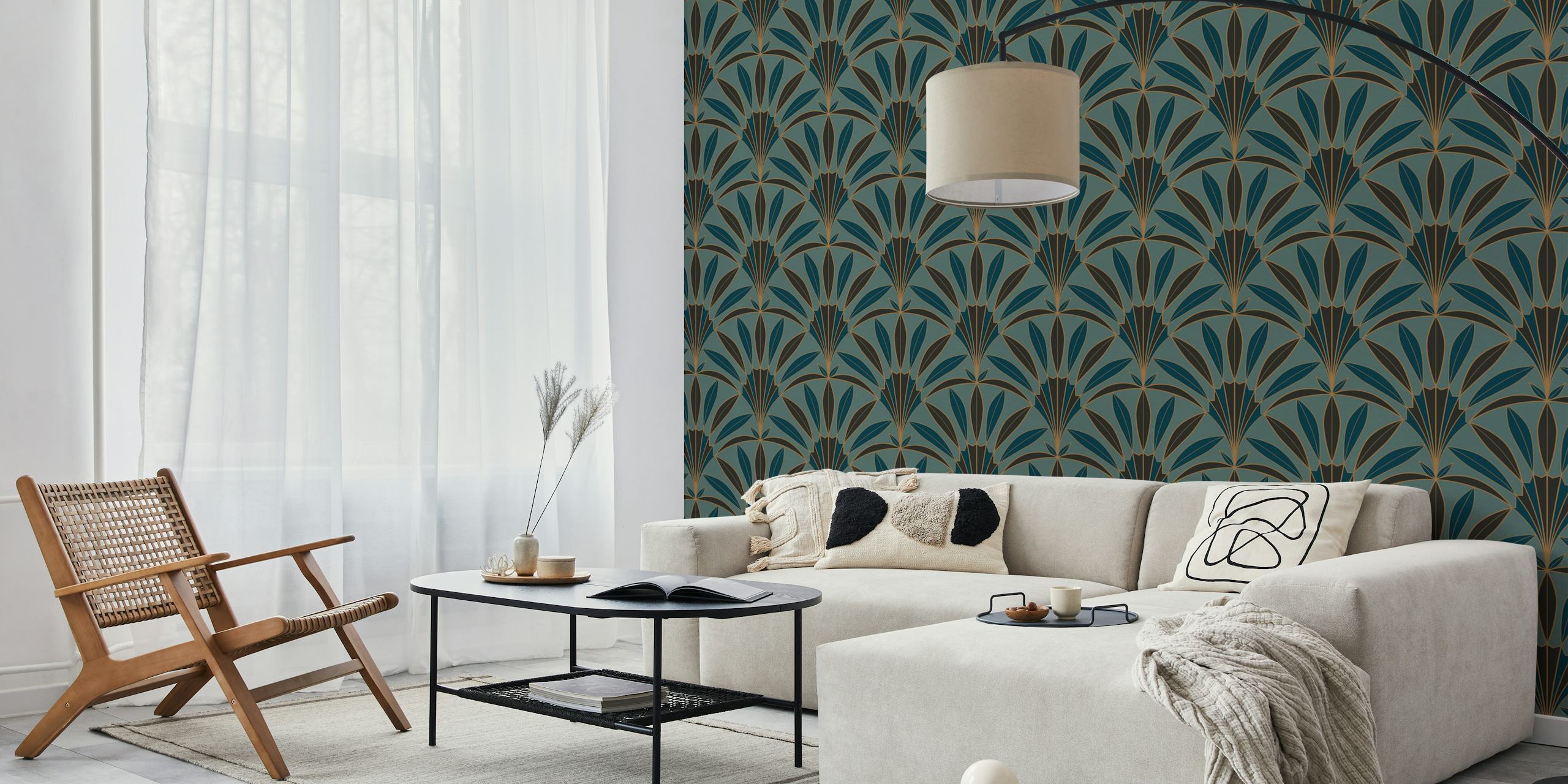 Art Deco palm leaves fan design in teal and dark colors wallpaper
