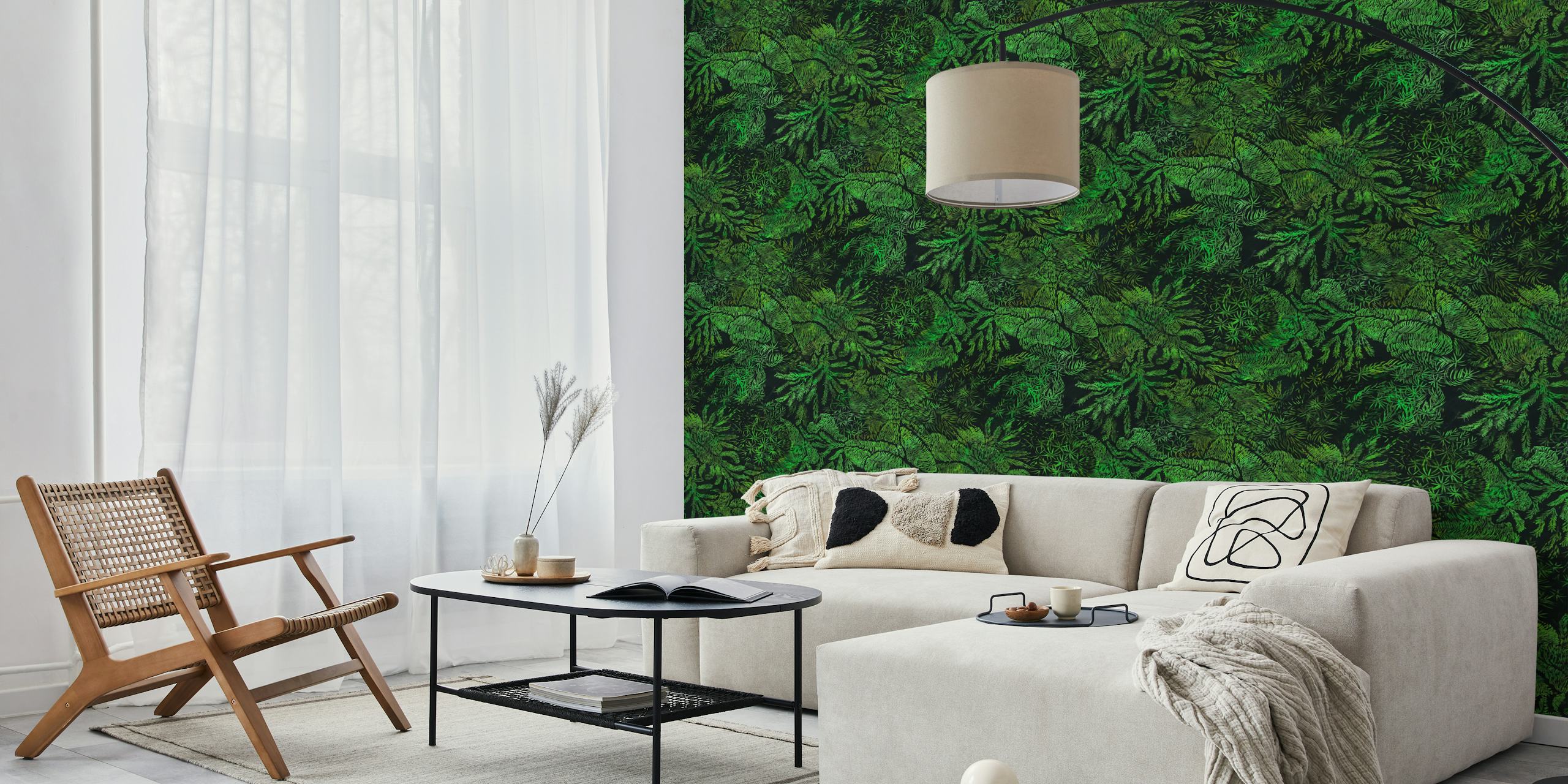 Moss green forest floor wallpaper in a room