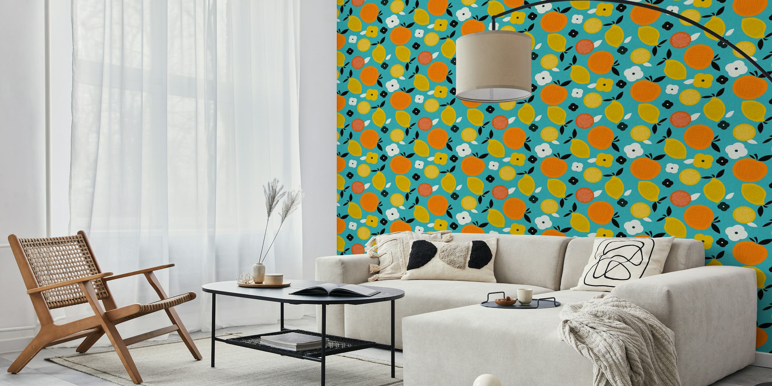 Colorful fruit wallpaper in a room