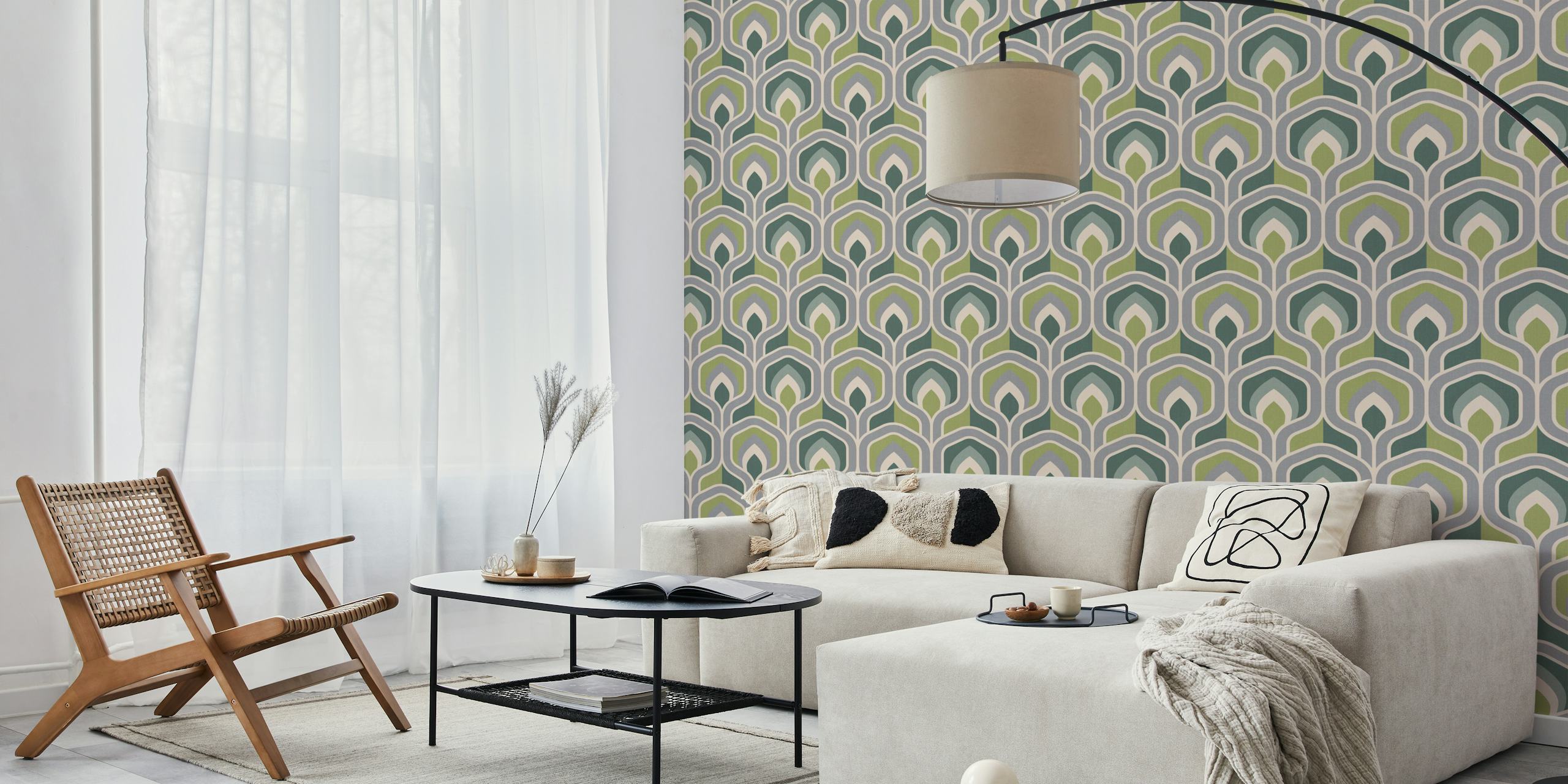 Geometric green and cream pattern wallpaper