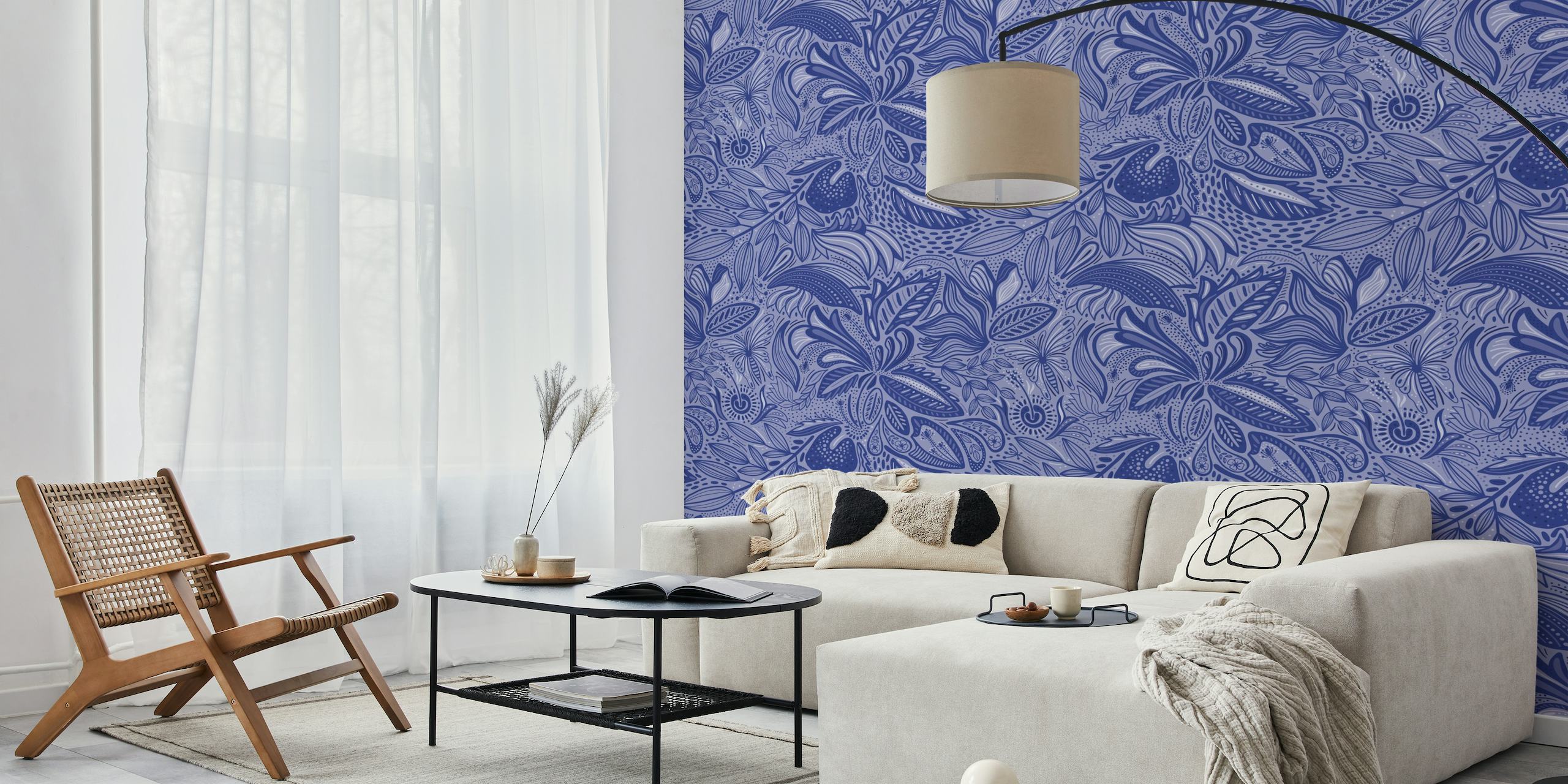 Hand drawn tropical doodle cobald blue wallpaper