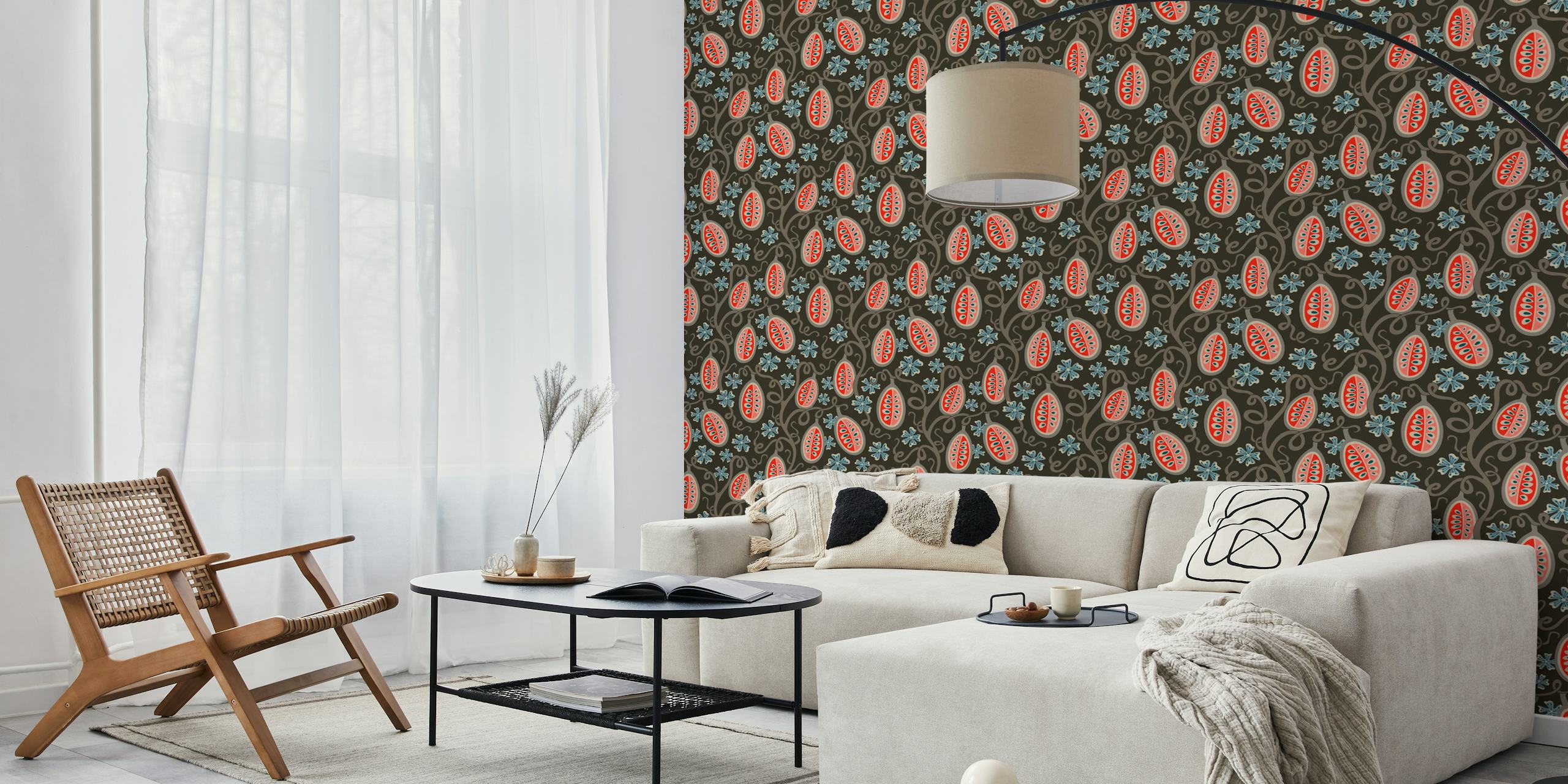 Ambrosia Fantasy Mod Floral Fruit Fototapete Mit Korallenroten, Braunen Und Blauen Akzenten Auf Dunklem Hintergrund