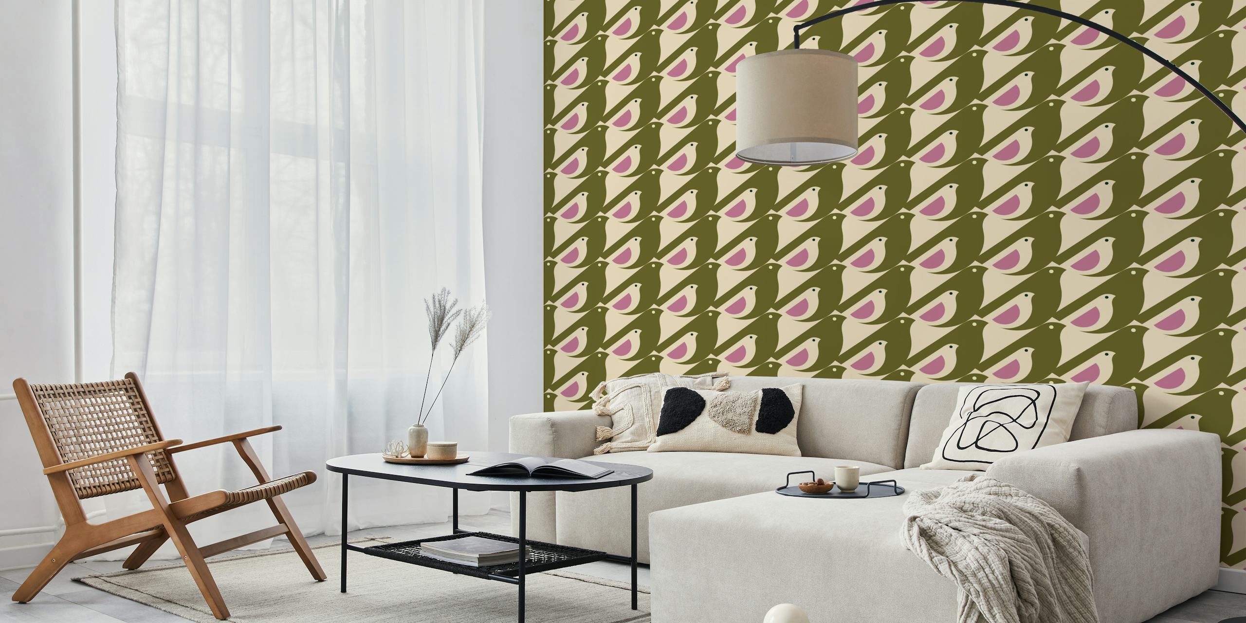 Stylized birds with pink and olive accents wallpaper