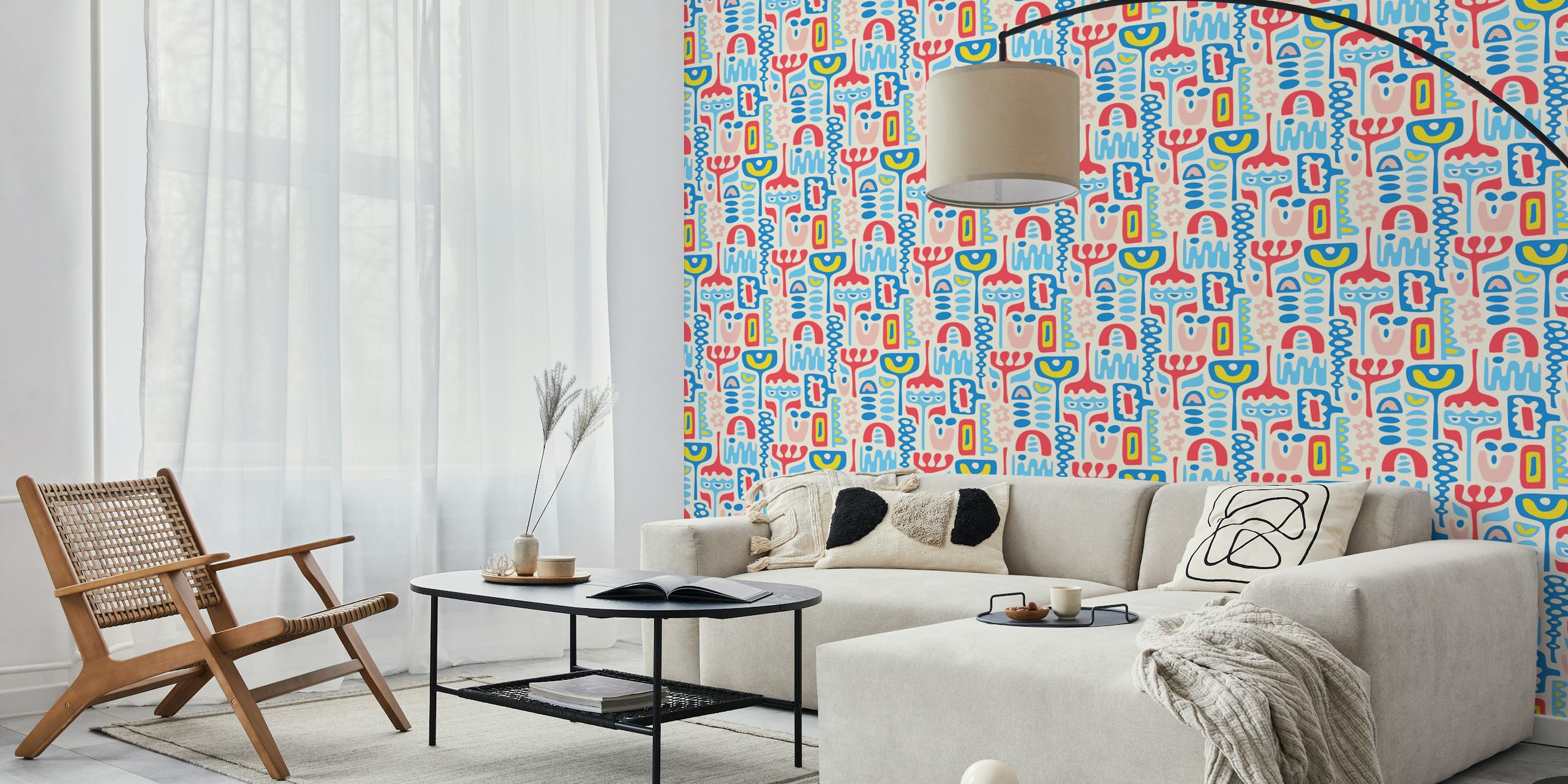 Colorful abstract shapes in red, blue, and pink wallpaper