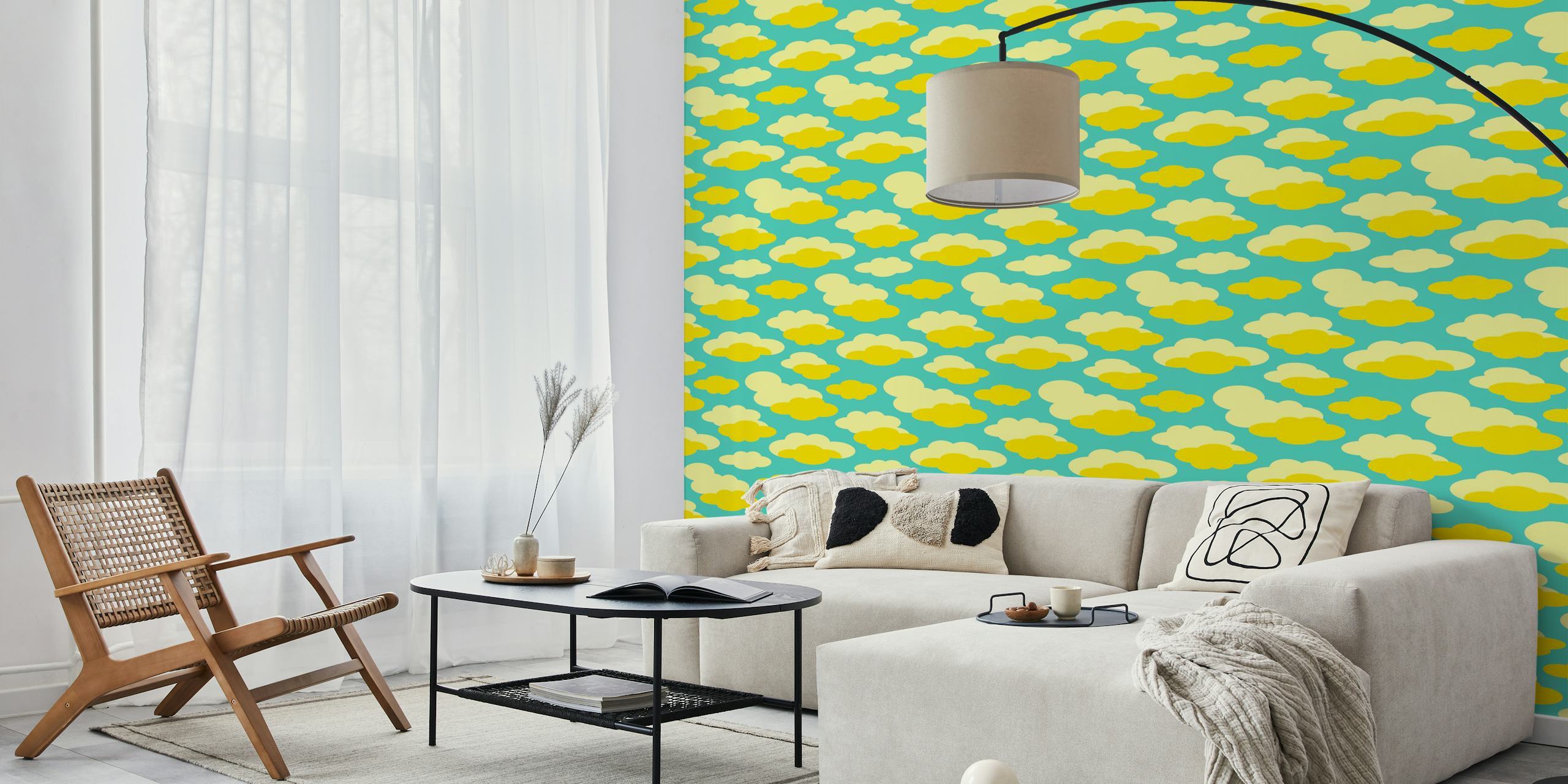 Fluffy yellow and cream clouds on a turquoise background wallpaper