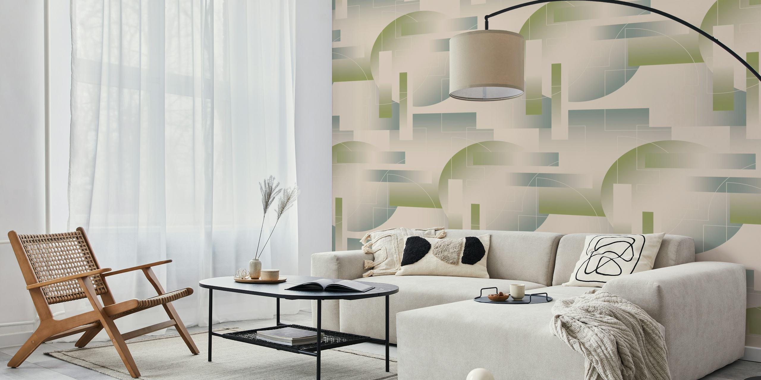 Geometric gradient beige green wallpaper in a room