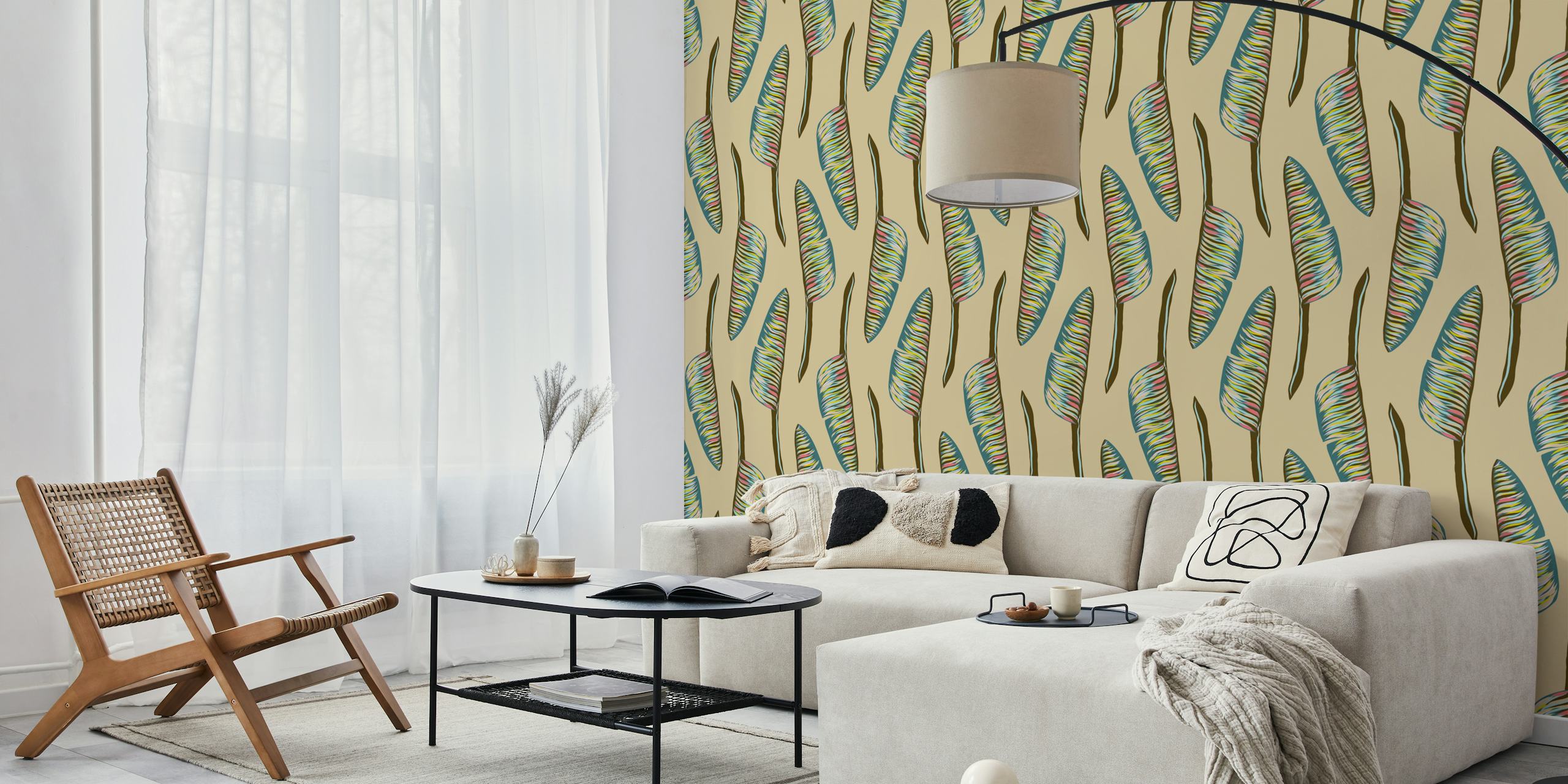 Tropical leaf pattern in pink and blue on beige wallpaper