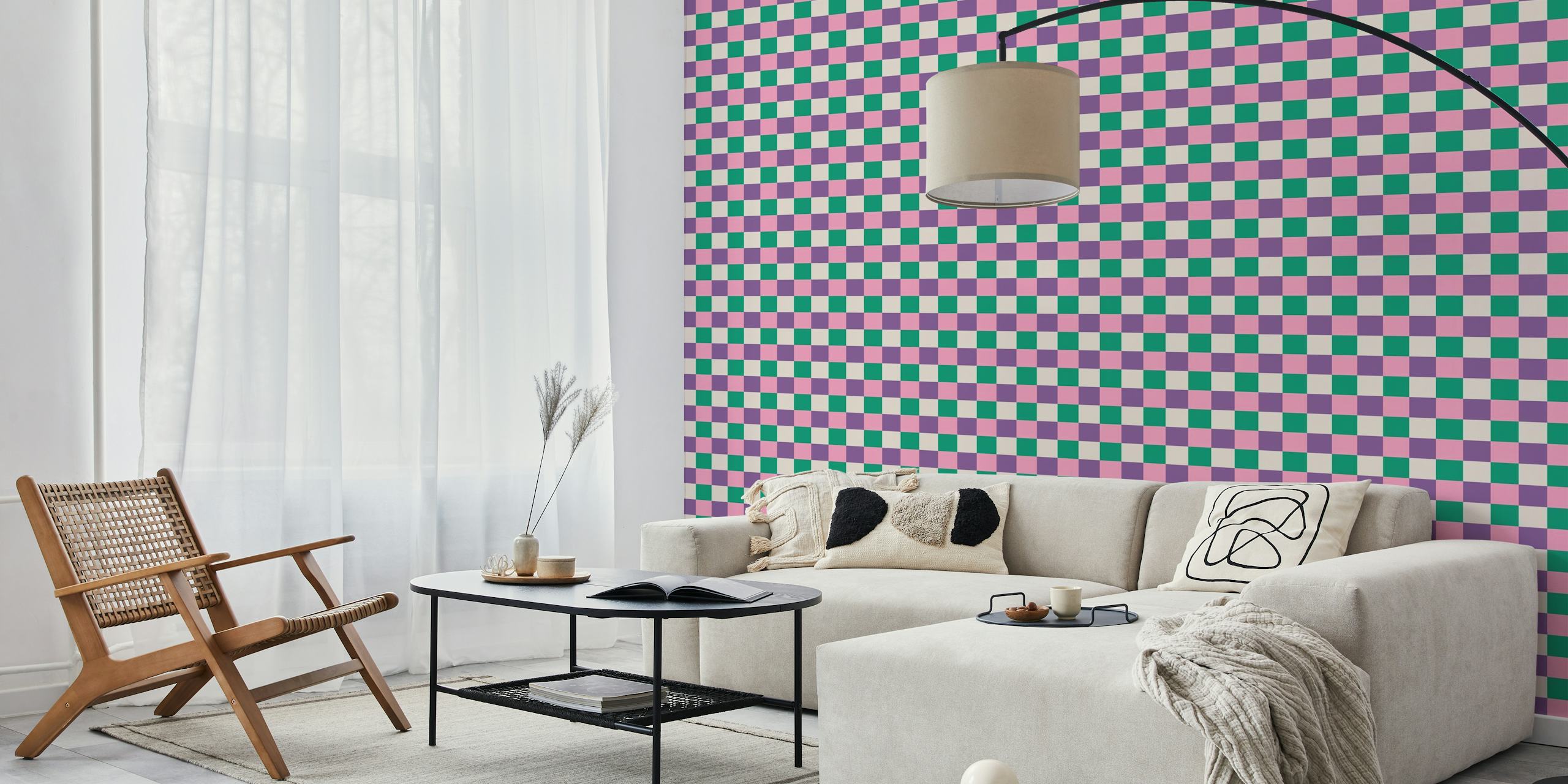 Retro-style checkerboard wall mural with alternating squares of pink, purple, and green