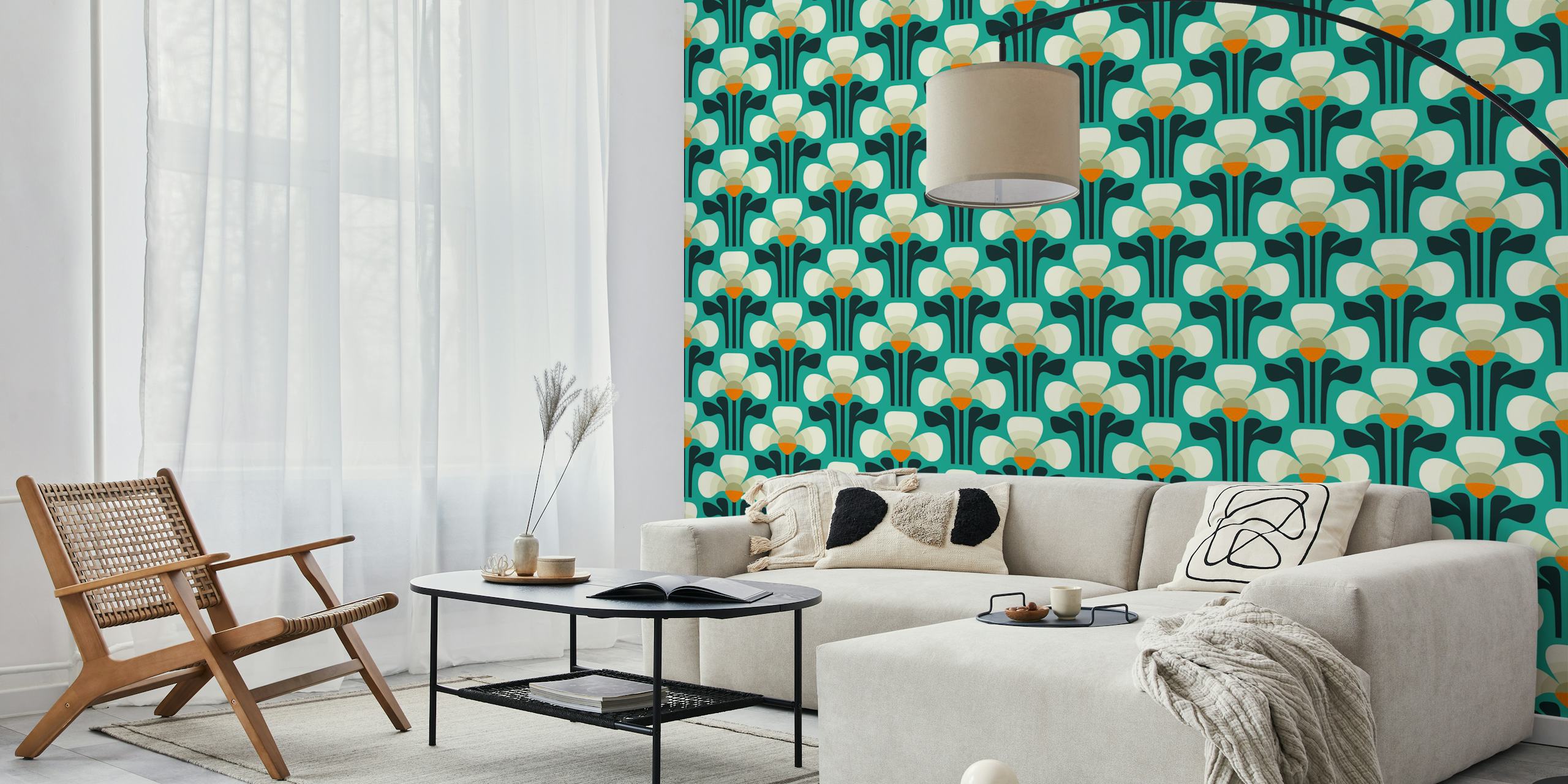 Teal Retro clovers wallpaper design in a room