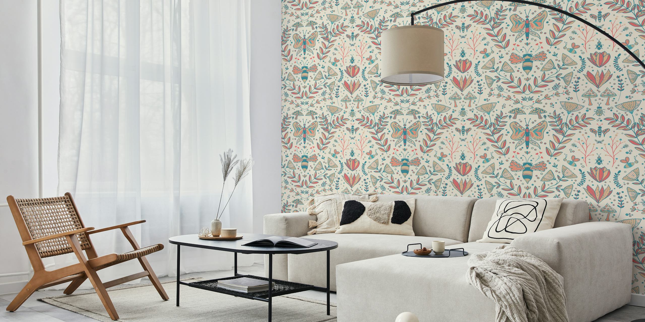 Colorful butterflies, flowers, and insects on cream background wallpaper