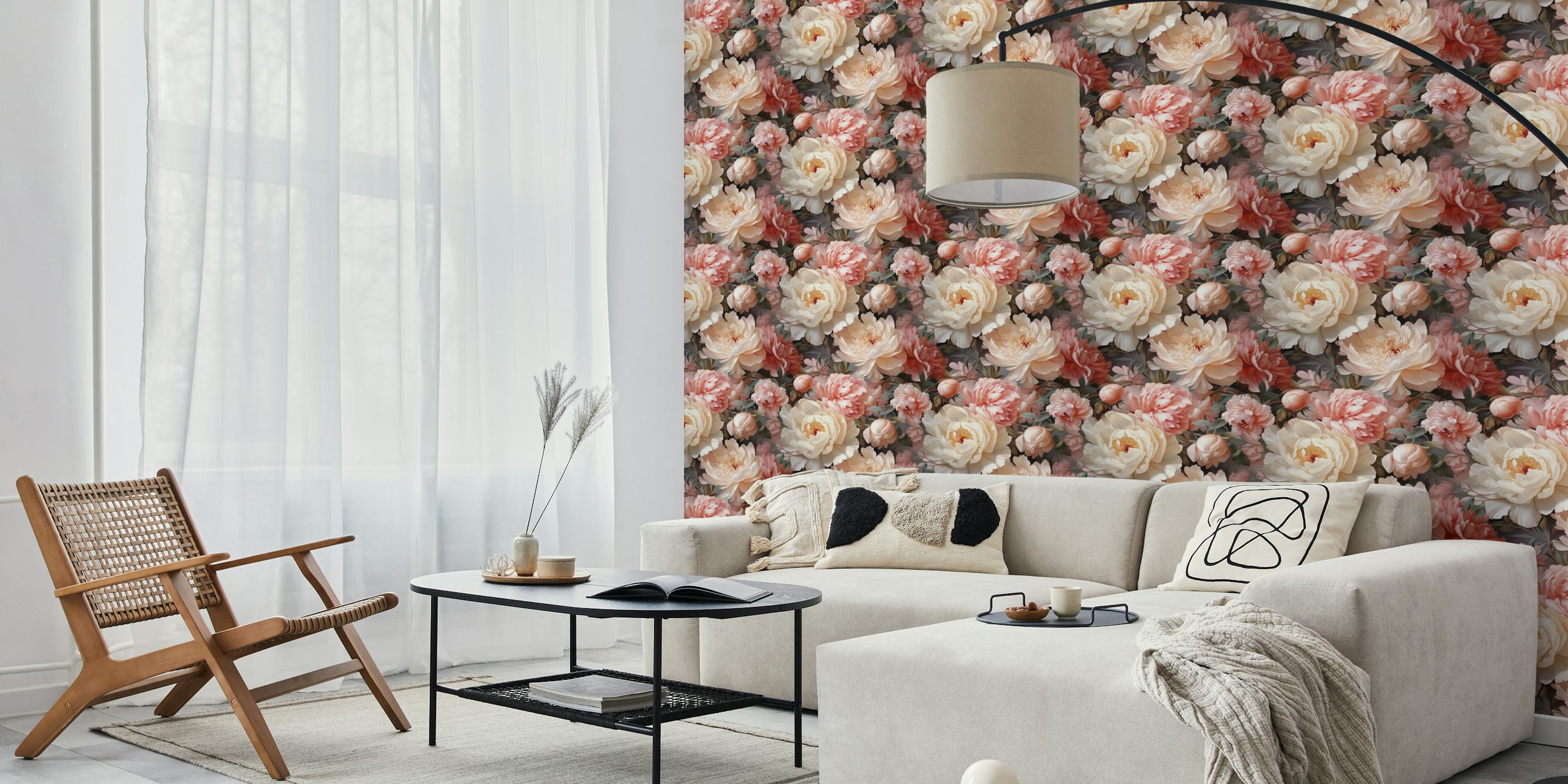 Detailed flowers in shades of pink and cream on dark wallpaper