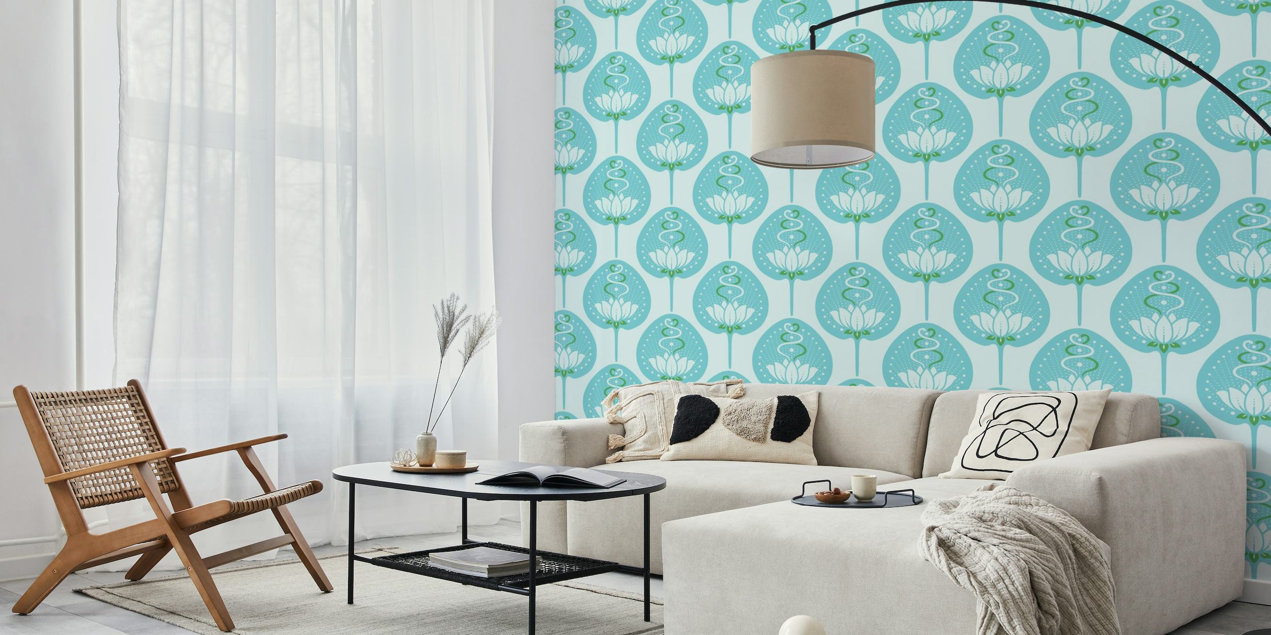 A serene blue wall mural featuring a pattern of blooming lotus flowers intertwined with graceful snakes