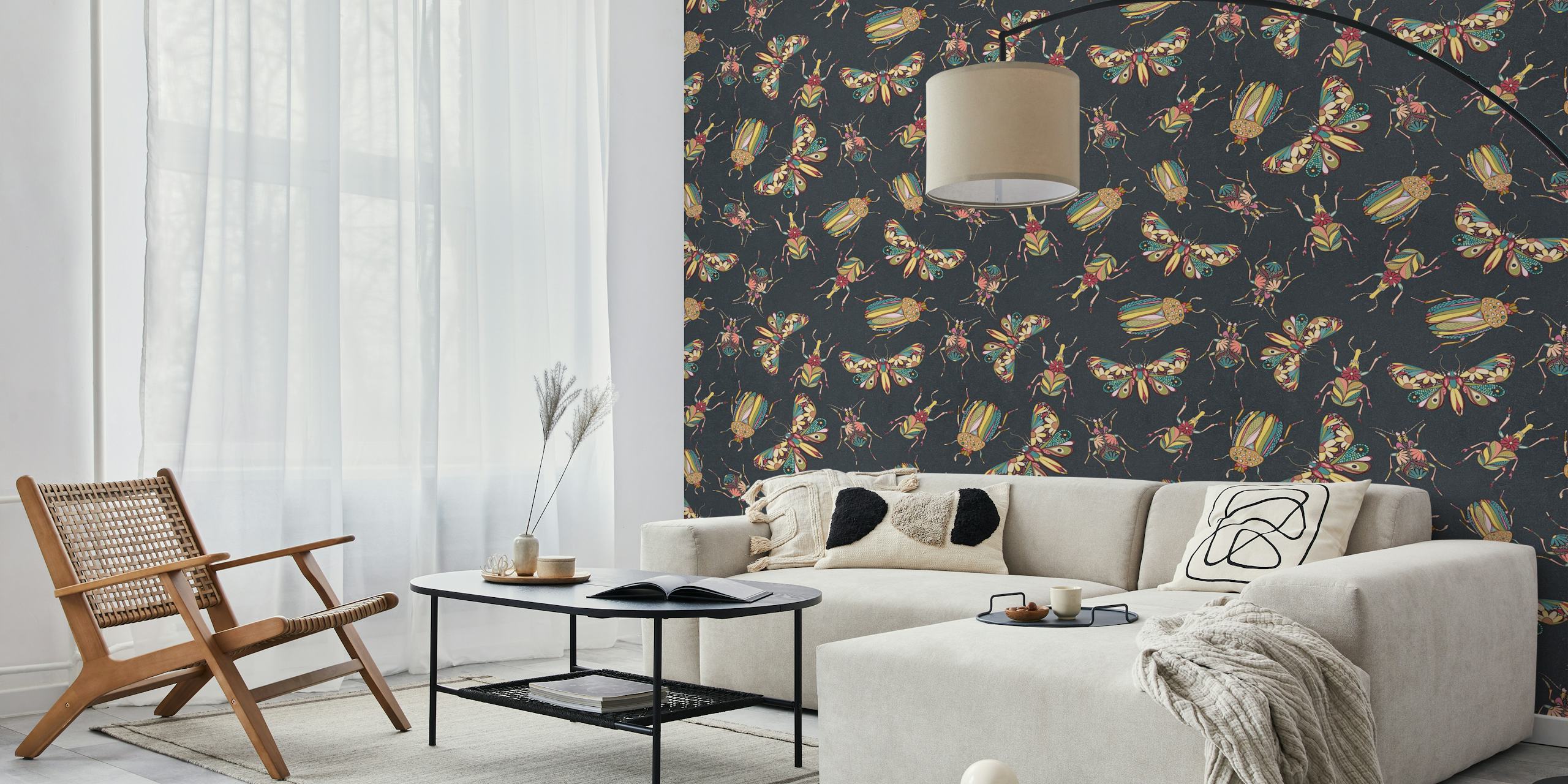Blumenwandbild mit böhmischen Käfern und Schmetterlingen auf schwarzem Hintergrund
