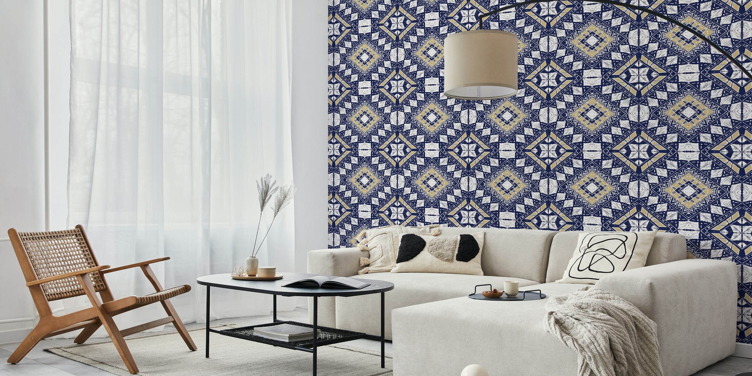 Geometric tribal pattern in navy blue and gold colors wallpaper