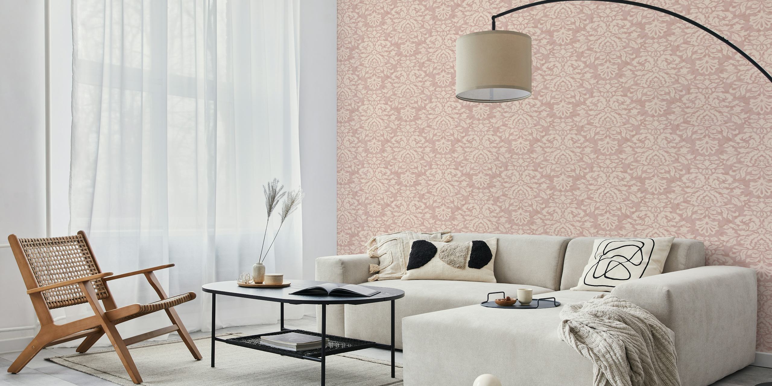 Damask dusty rose wallpaper displayed in a room