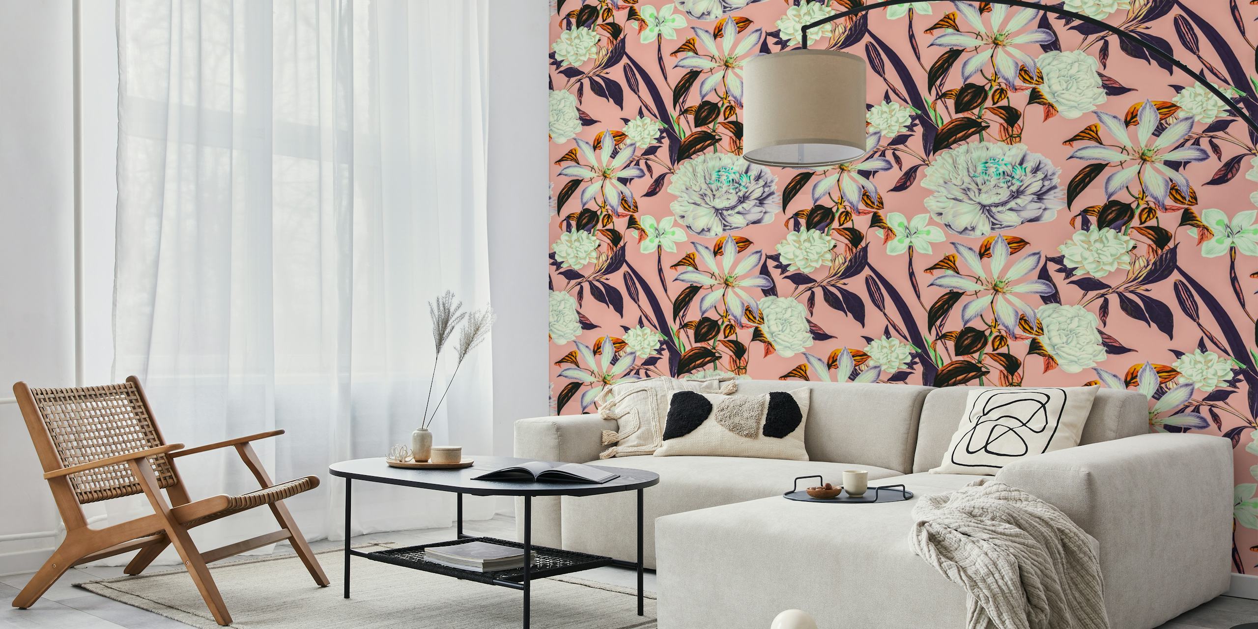 Floral wallpaper with pink background and white, purple, and green flowers