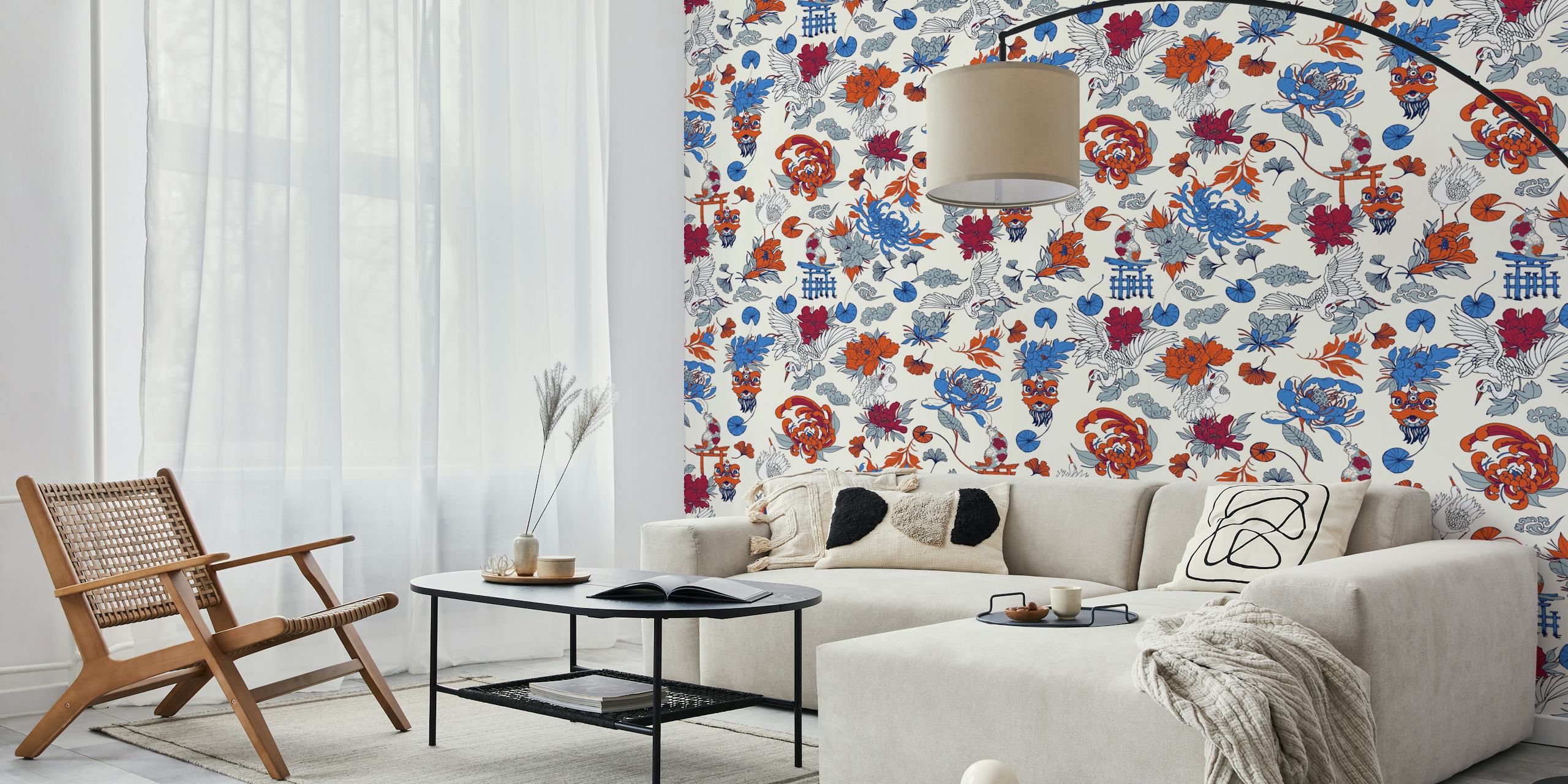 Colorful floral and crane patterns in red, blue, and gray wallpaper