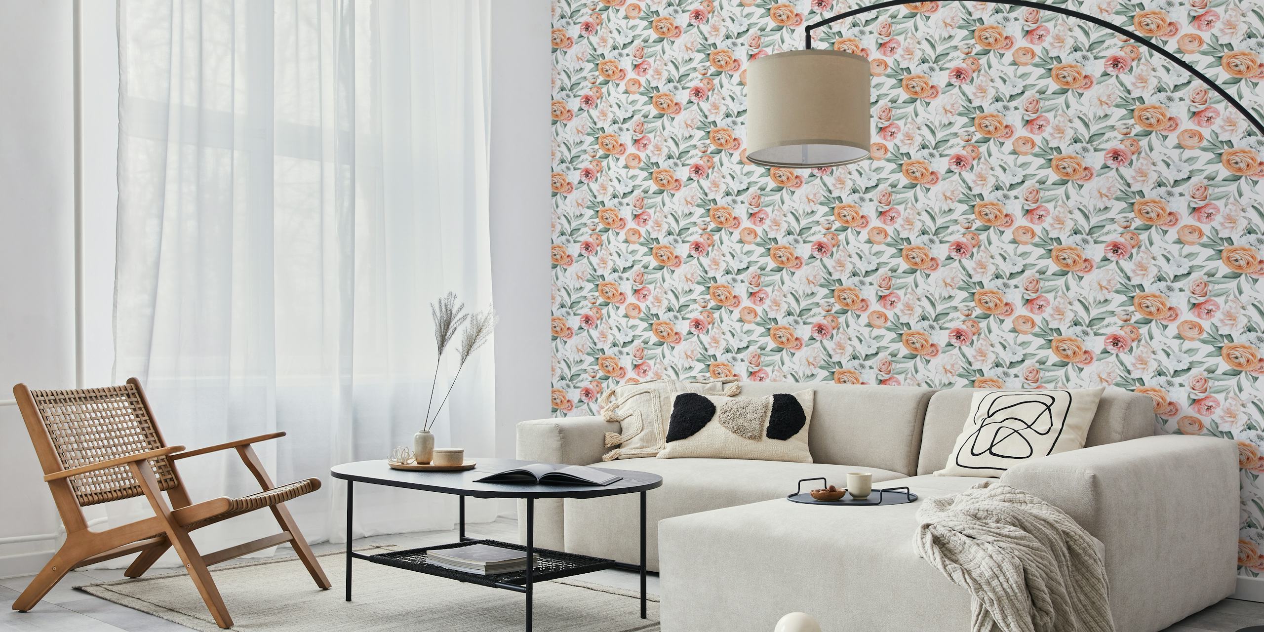 Design de papel de parede floral em um quarto