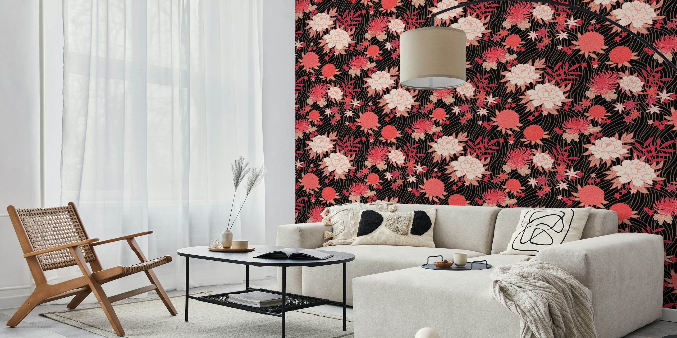 Asian floral design in red and peach on black background wallpaper