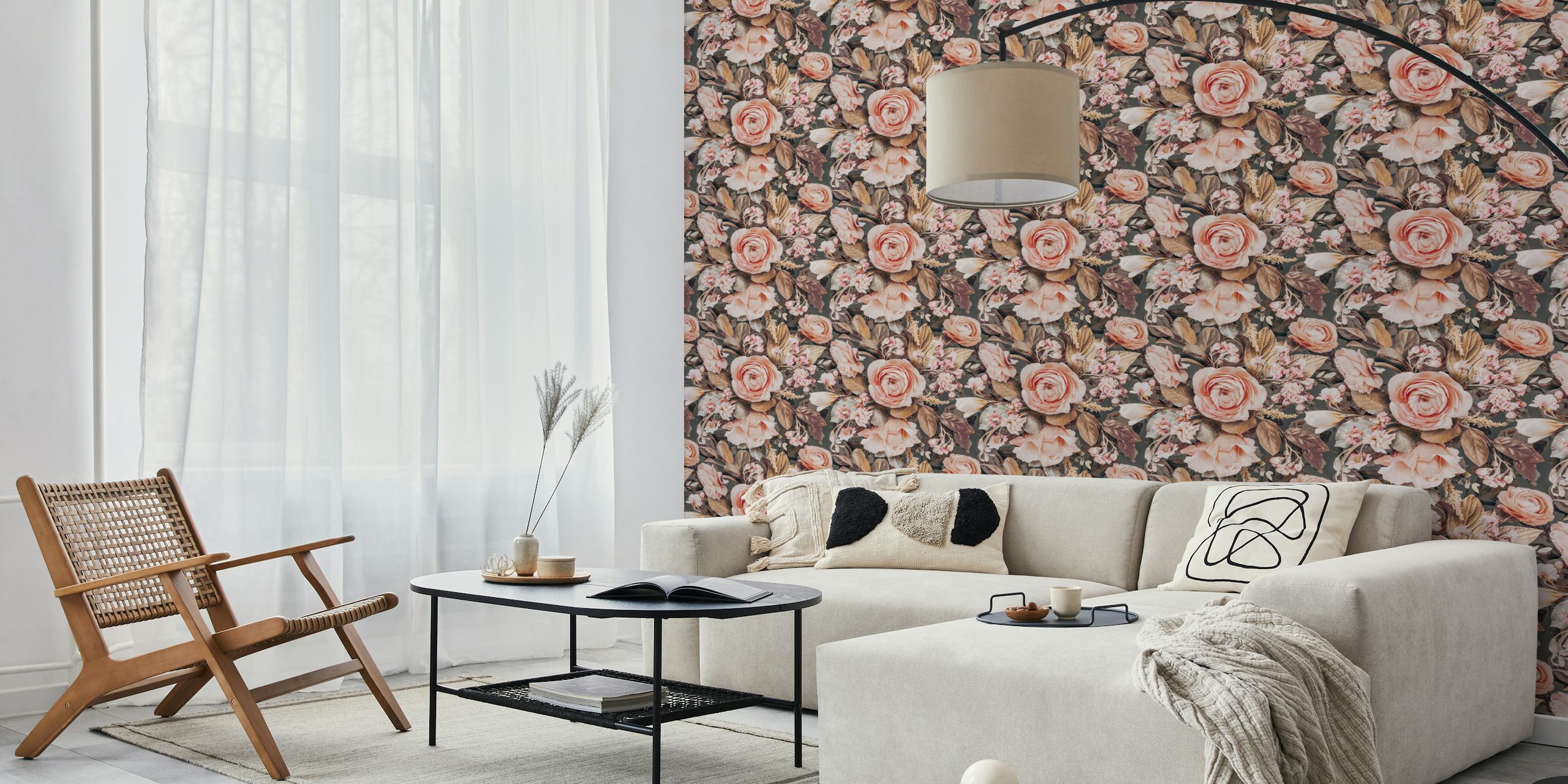 Ethereal Rose Oasis wall mural with soft pink roses on a dark background
