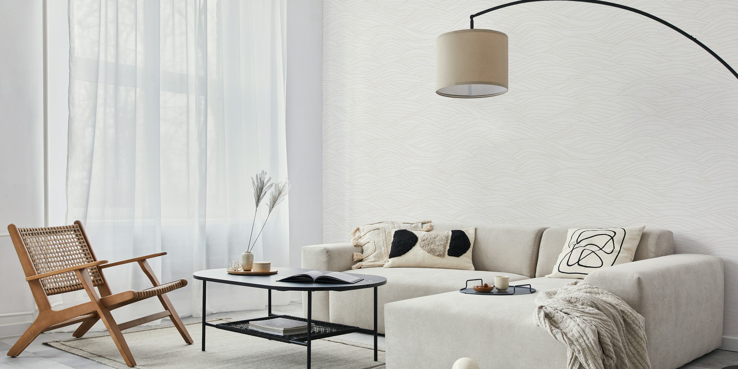 Neutral wave pattern wallpaper in a room