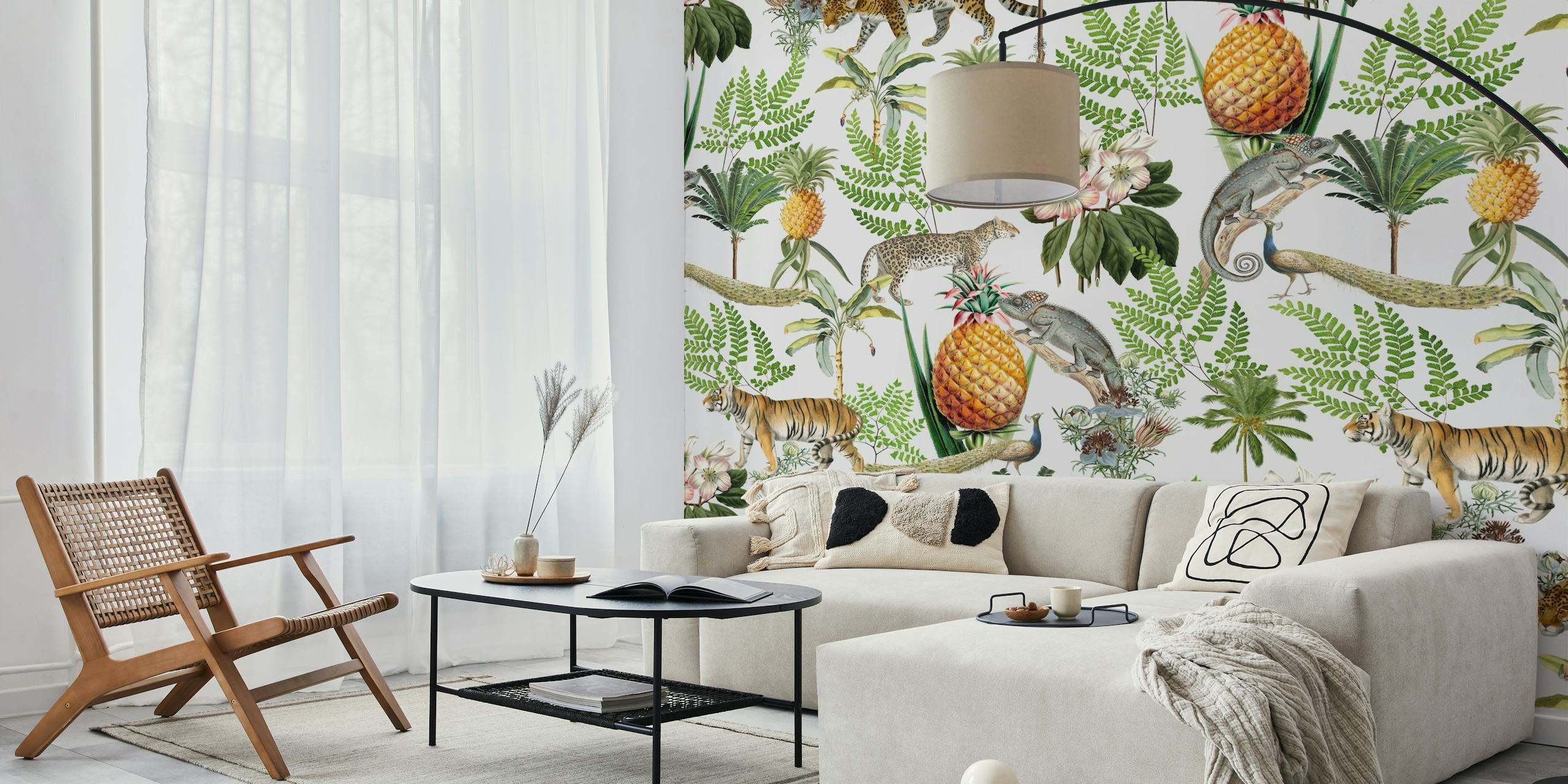 Tropical animal print wallpaper with leopards, pineapples, and ferns