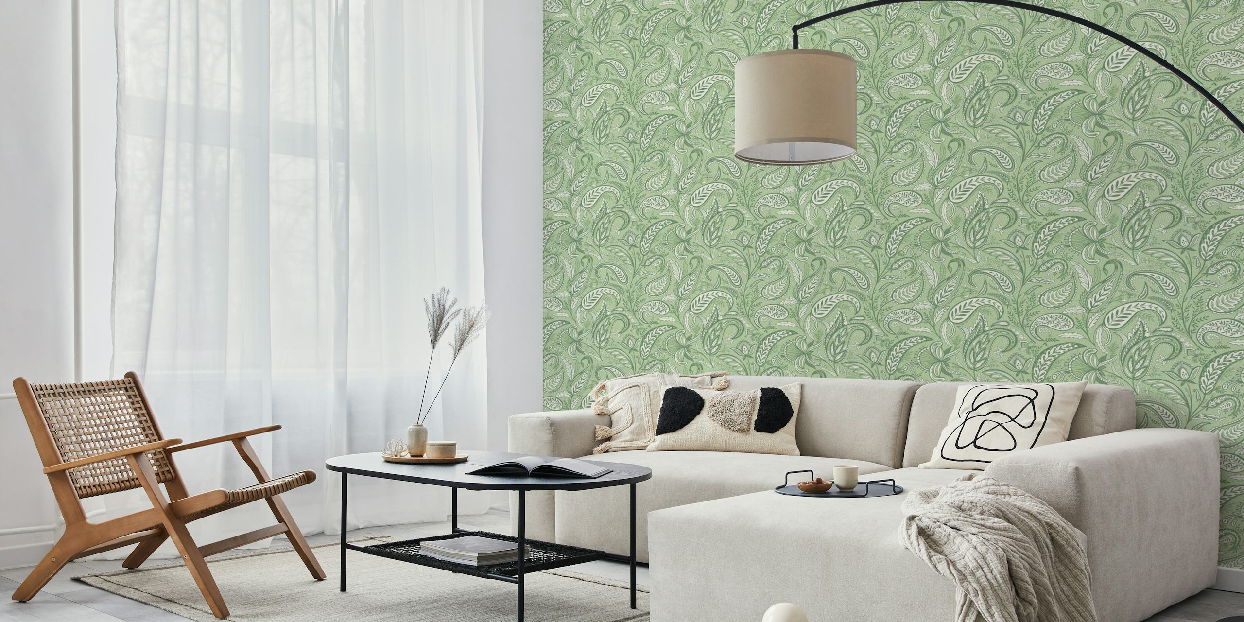 Green paisley floral wallpaper with intricate patterns and designs