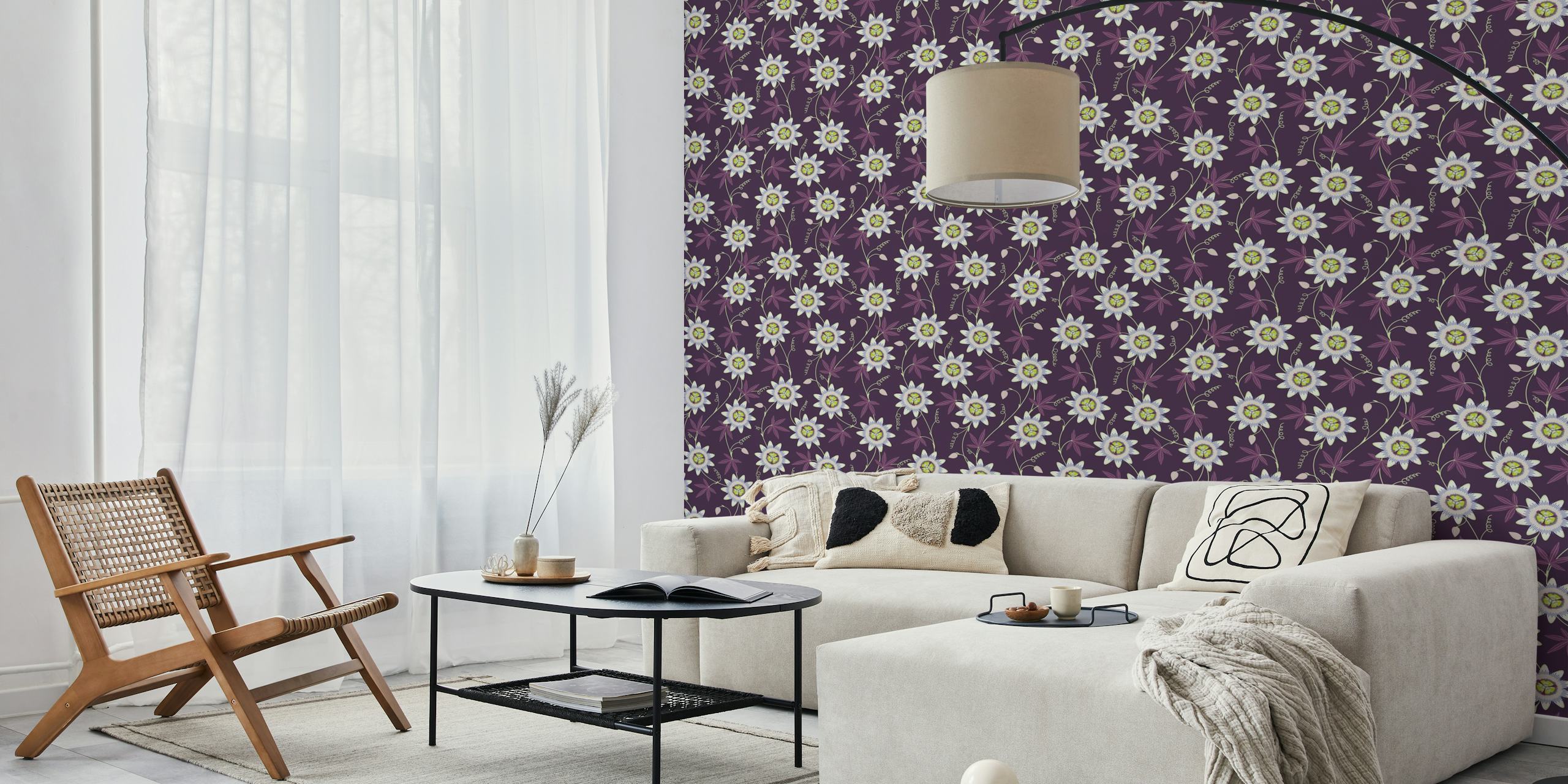 Climbing passionflower wallpaper on dark purple