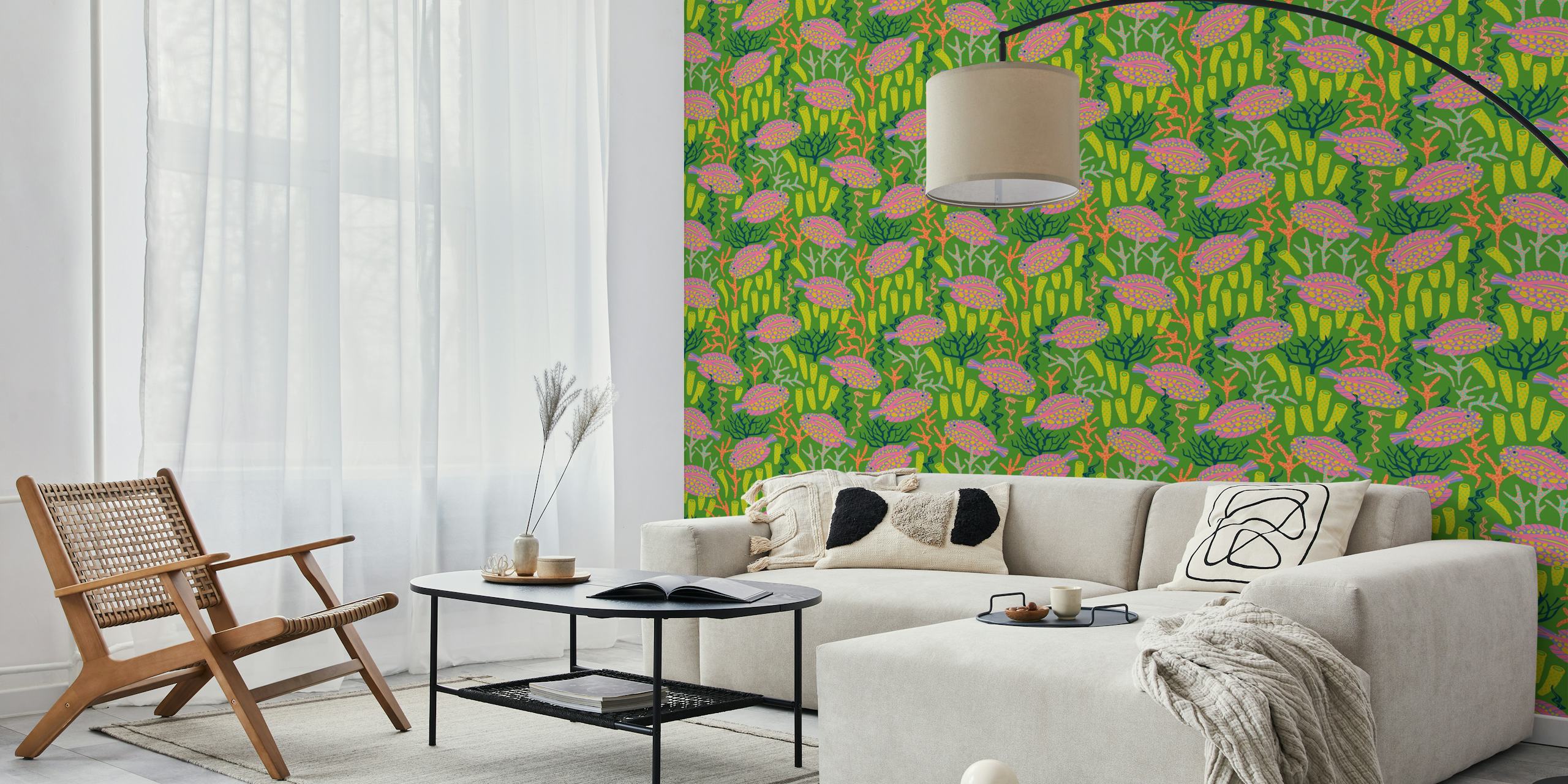 Tropical fish and coral pattern in green wallpaper