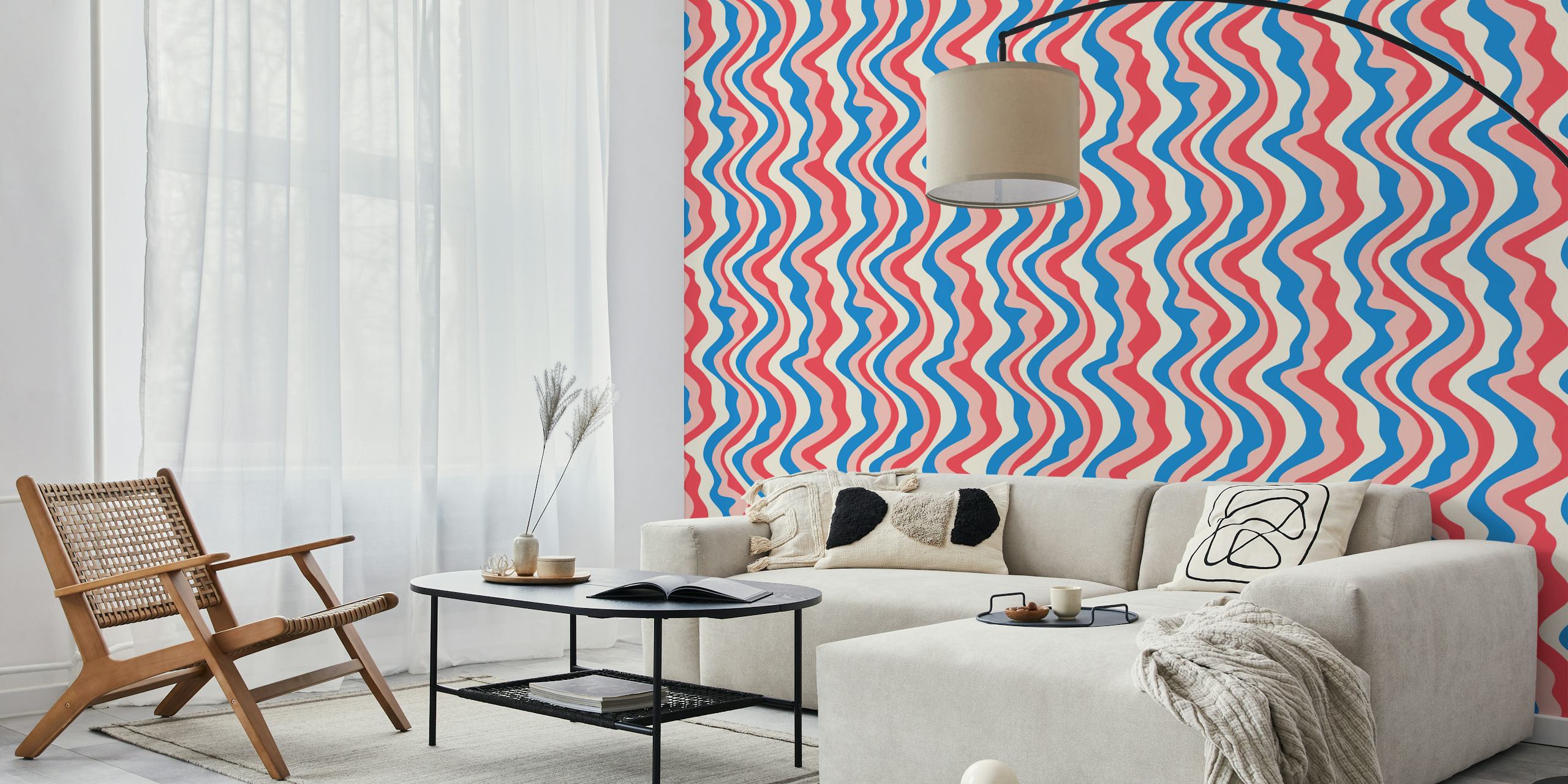 Wavy stripes in red, blue, and pink on cream background wallpaper