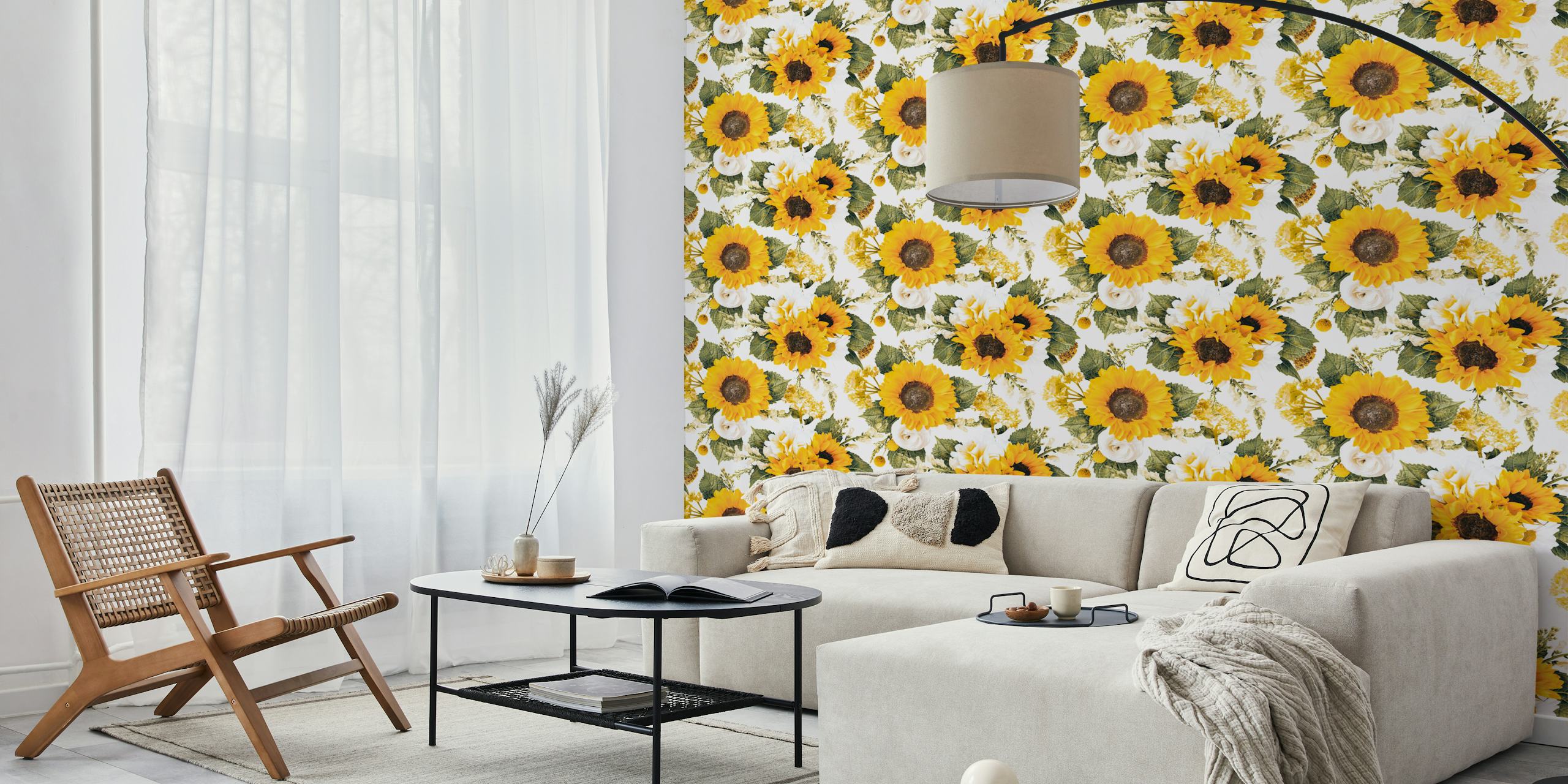 Lyse solsikker og hvite blomsterveggmalerier