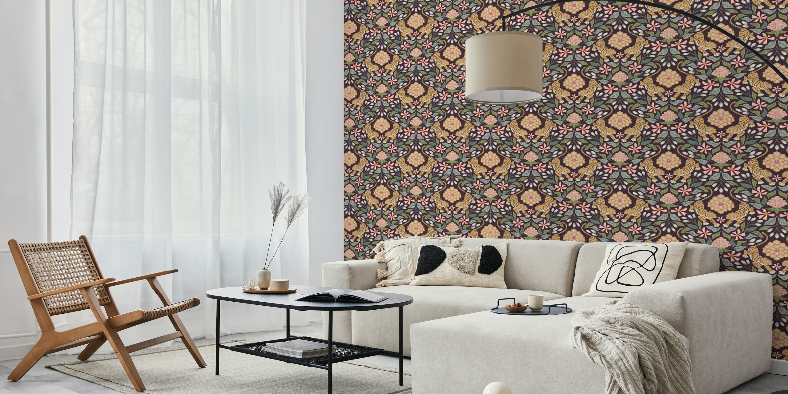 Dark tiger and flowers pattern wallpaper in room
