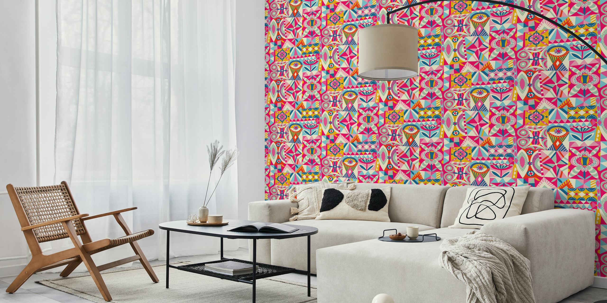 Colorful geometric patterns in pink, blue, and yellow wallpaper