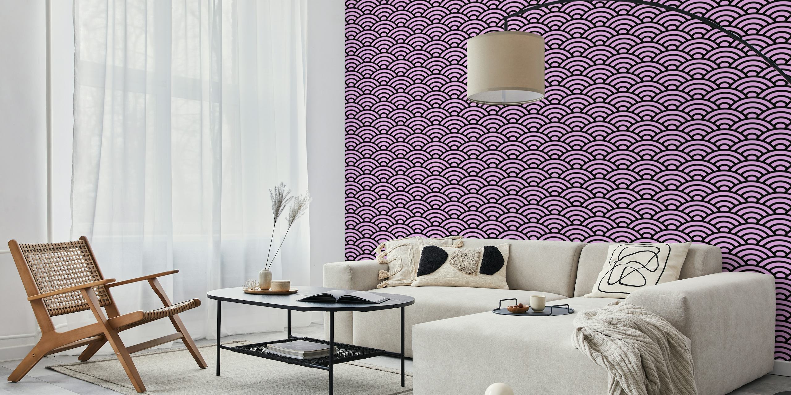 Seigaiha wave motif in Pink and Black papel de parede