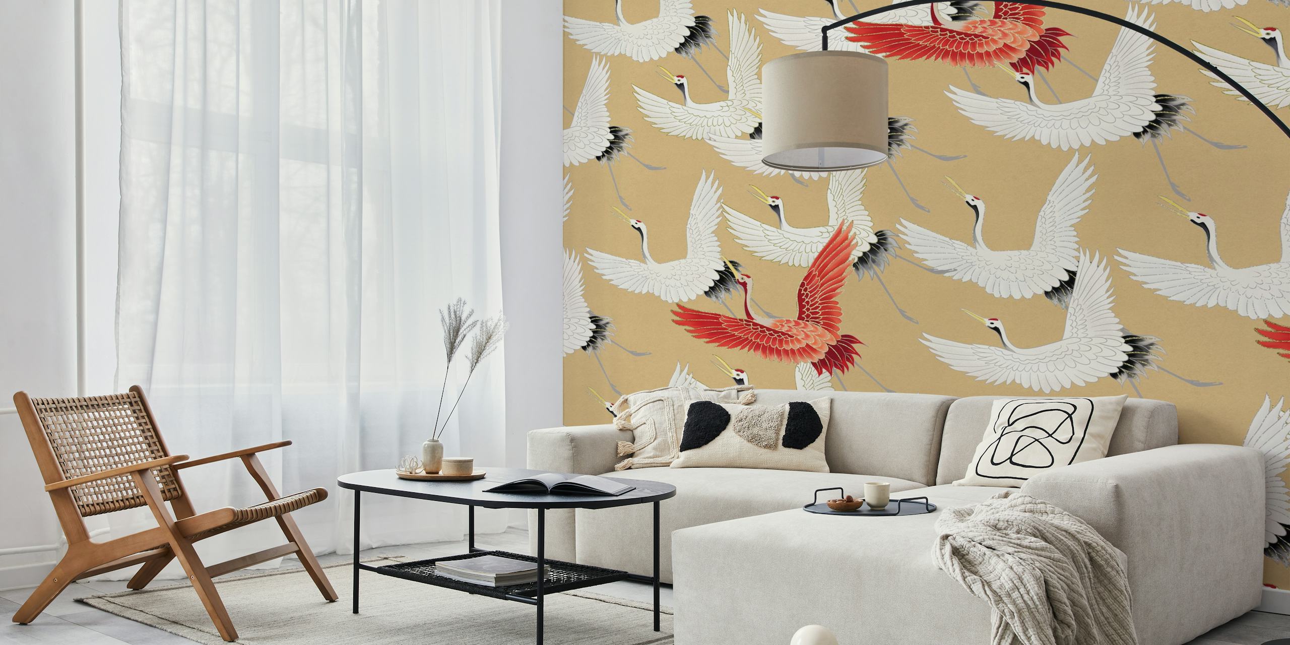 White and red cranes on golden background wallpaper