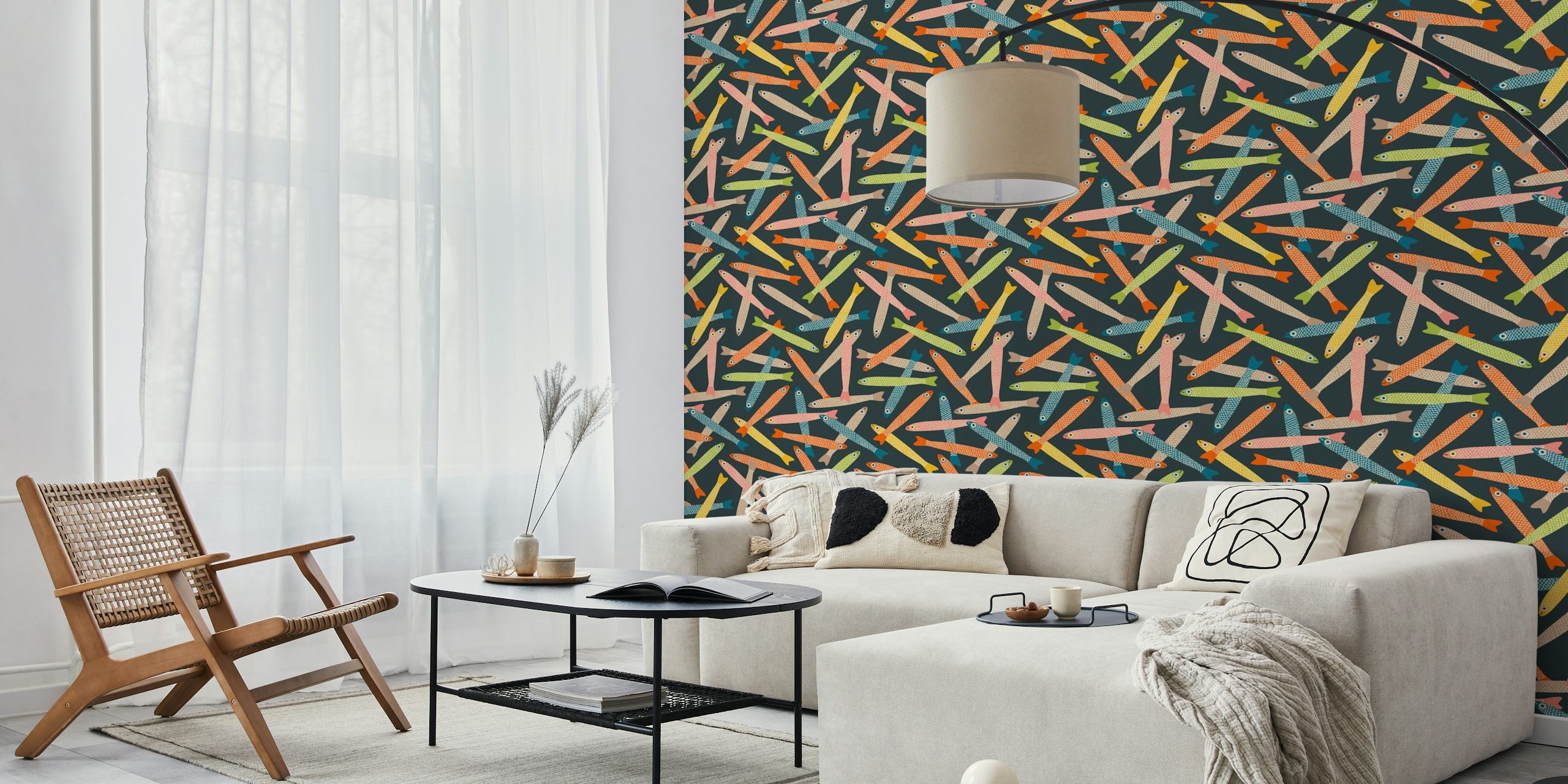 Colorful retro fish patterns scattered across a charcoal background on a wall mural.