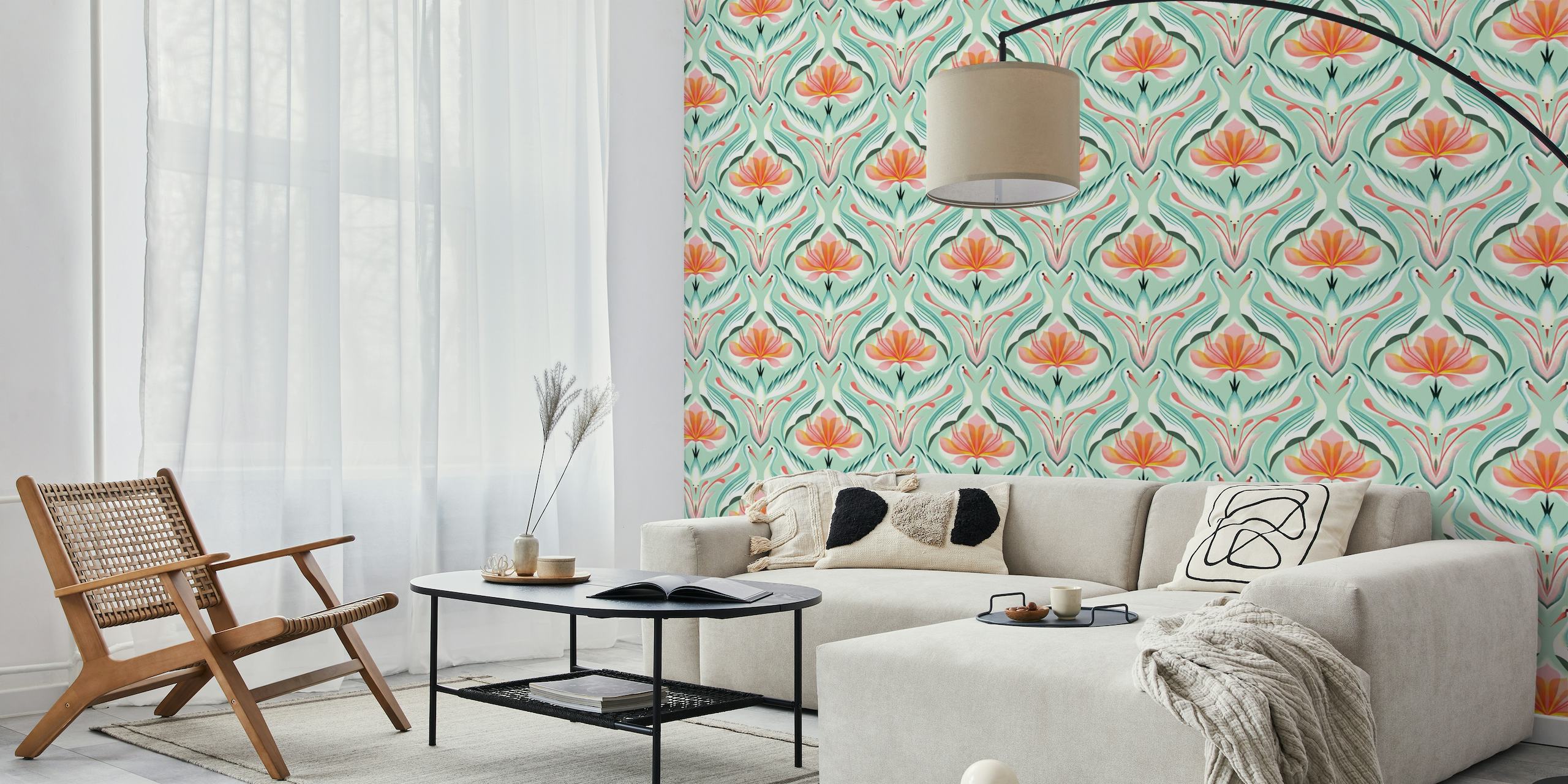 Fotobehang van lotusbloemen en elegante kraanvogels in een symmetrisch design met een zacht kleurenpalet