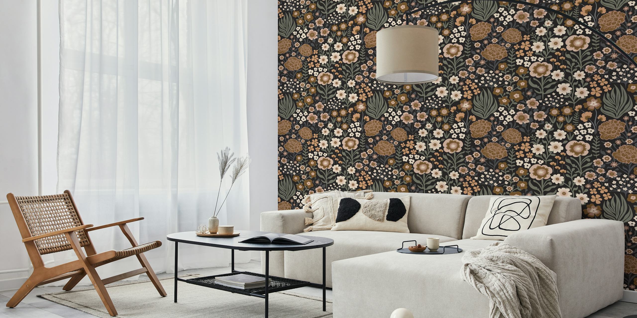 Dark botanical wallpaper with neutral wildflowers and a moody background