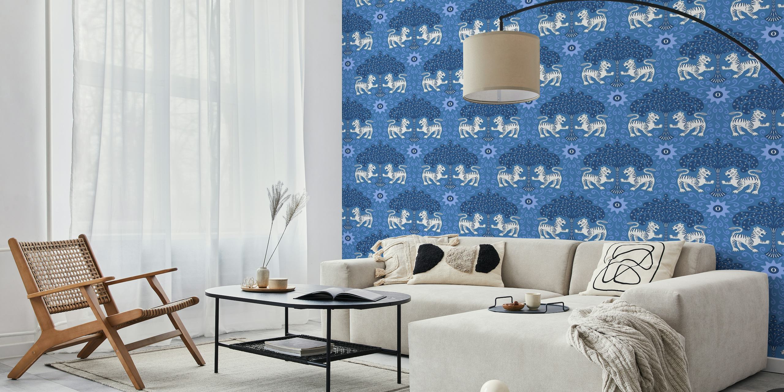 Blue and white tribal tiger pattern wall mural