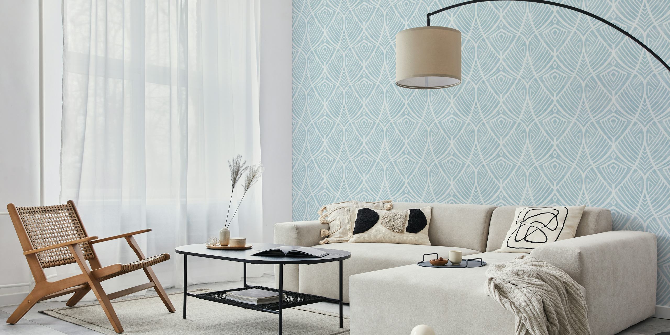 Art deco linework wallpaper in grey blue