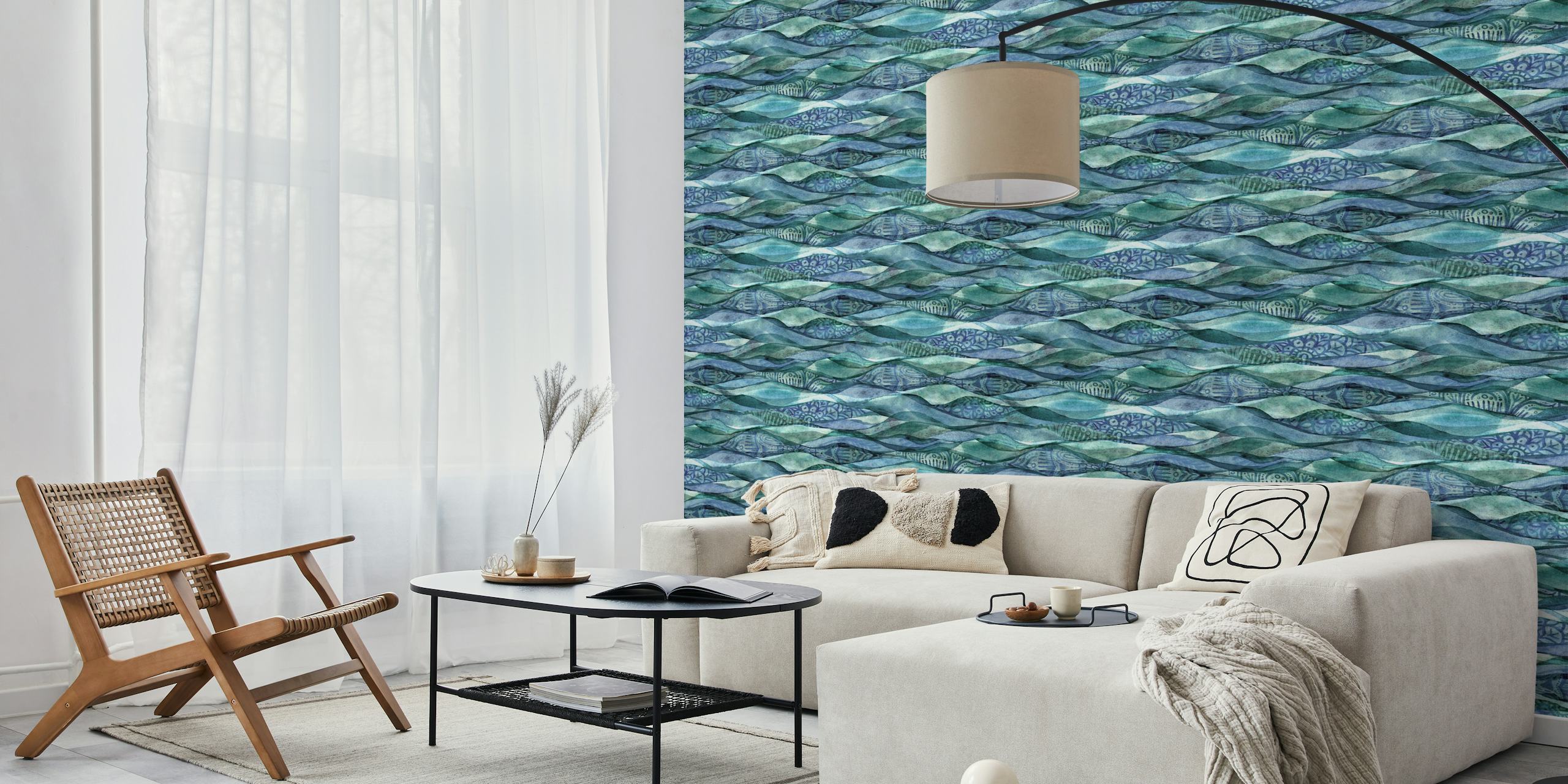 Watercolor ocean waves in blue and green tones wallpaper
