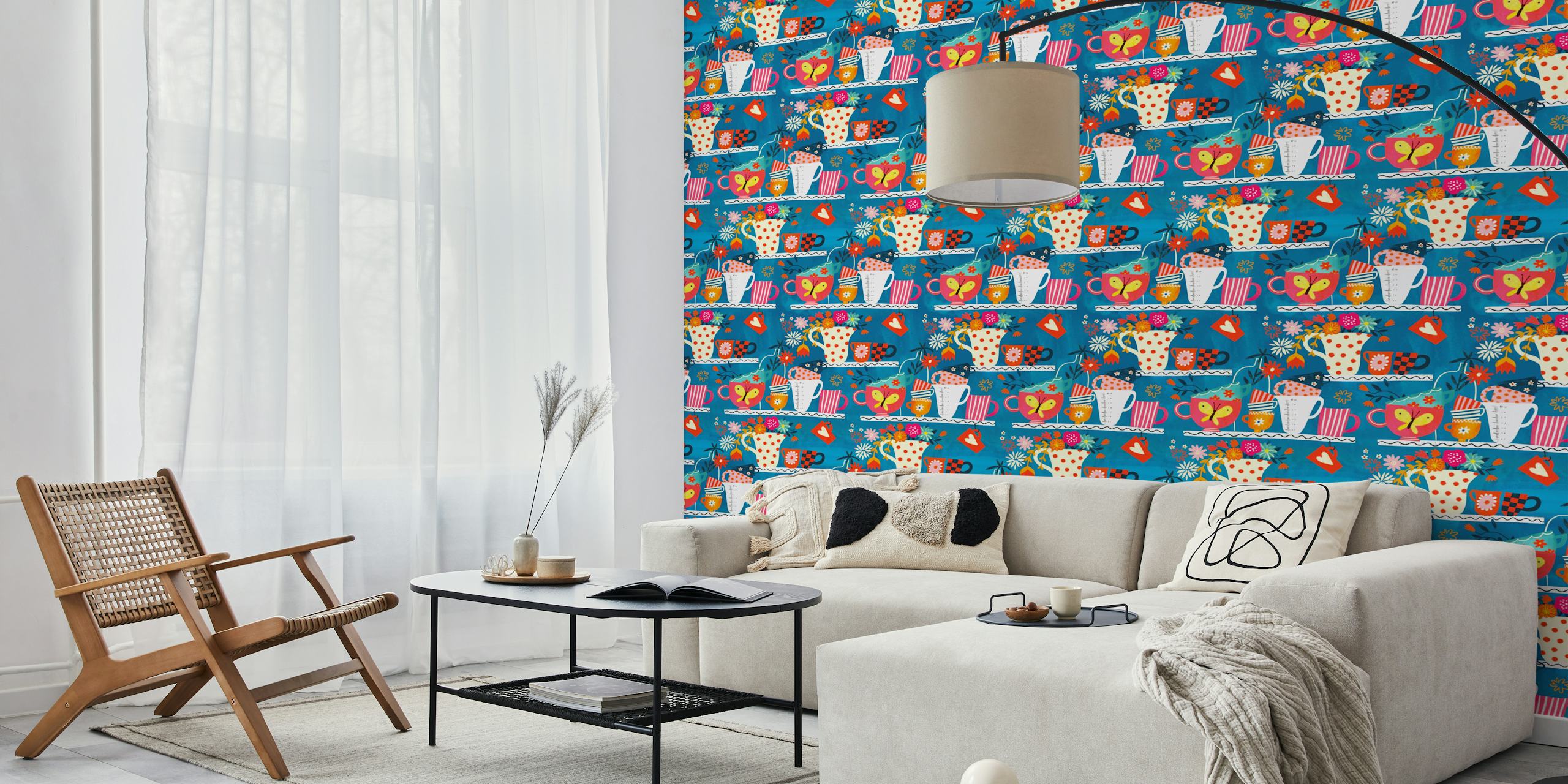 Colorful cups and flowers on bright blue background wallpaper