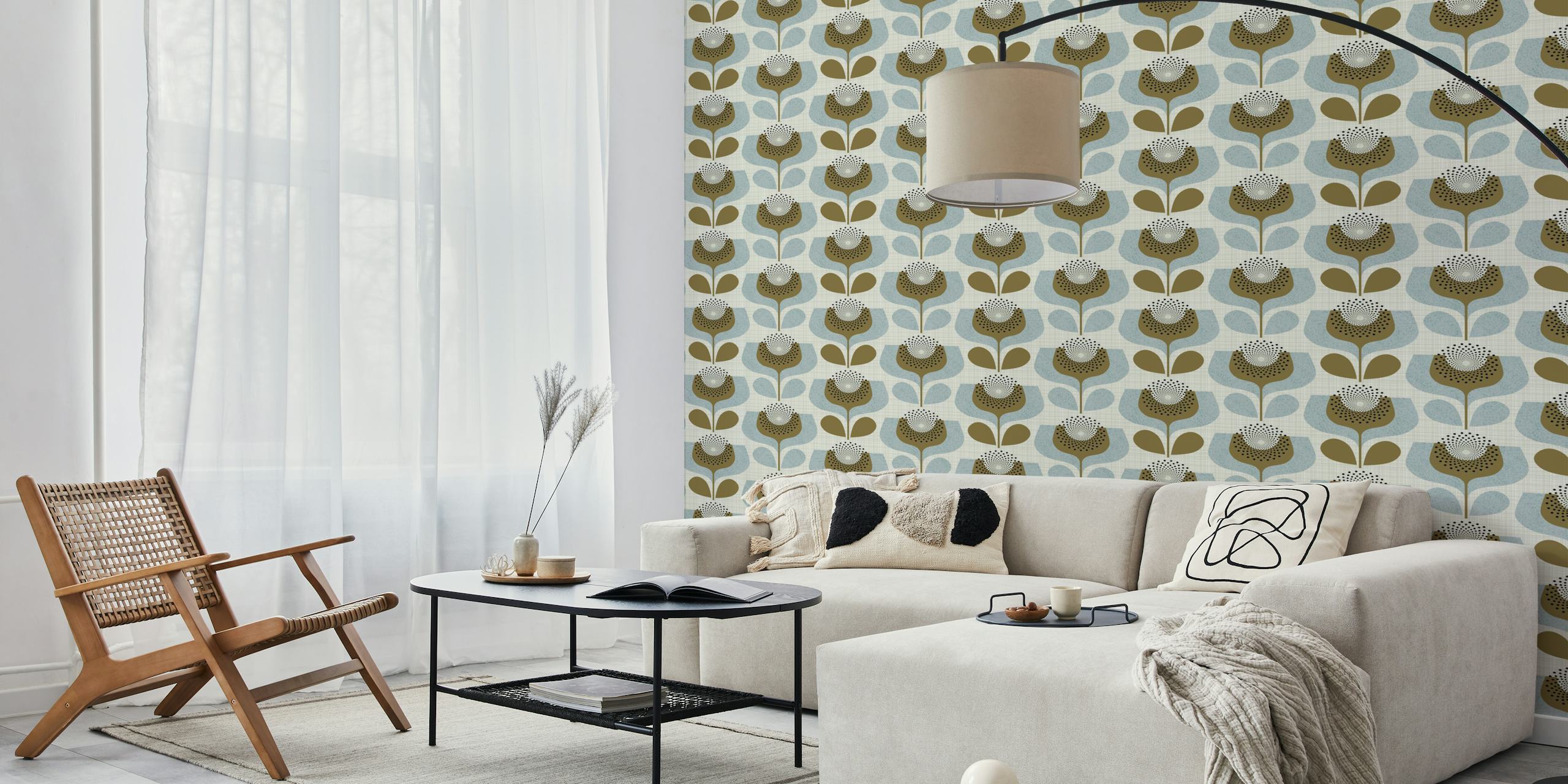 Mid century floral design featuring blue and brown abstract blooms wallpaper