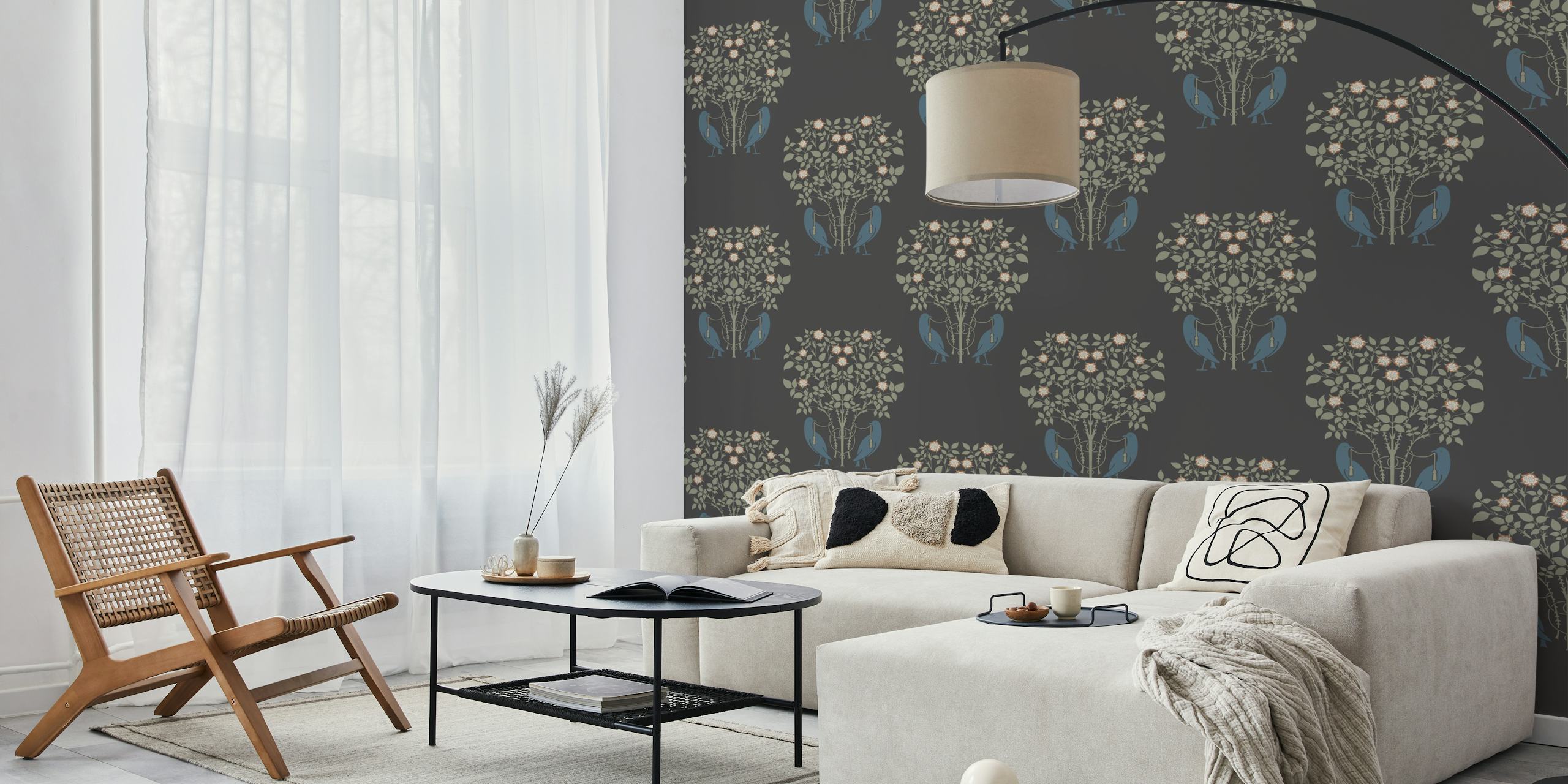 Floral birds design in blue and green on dark background wallpaper