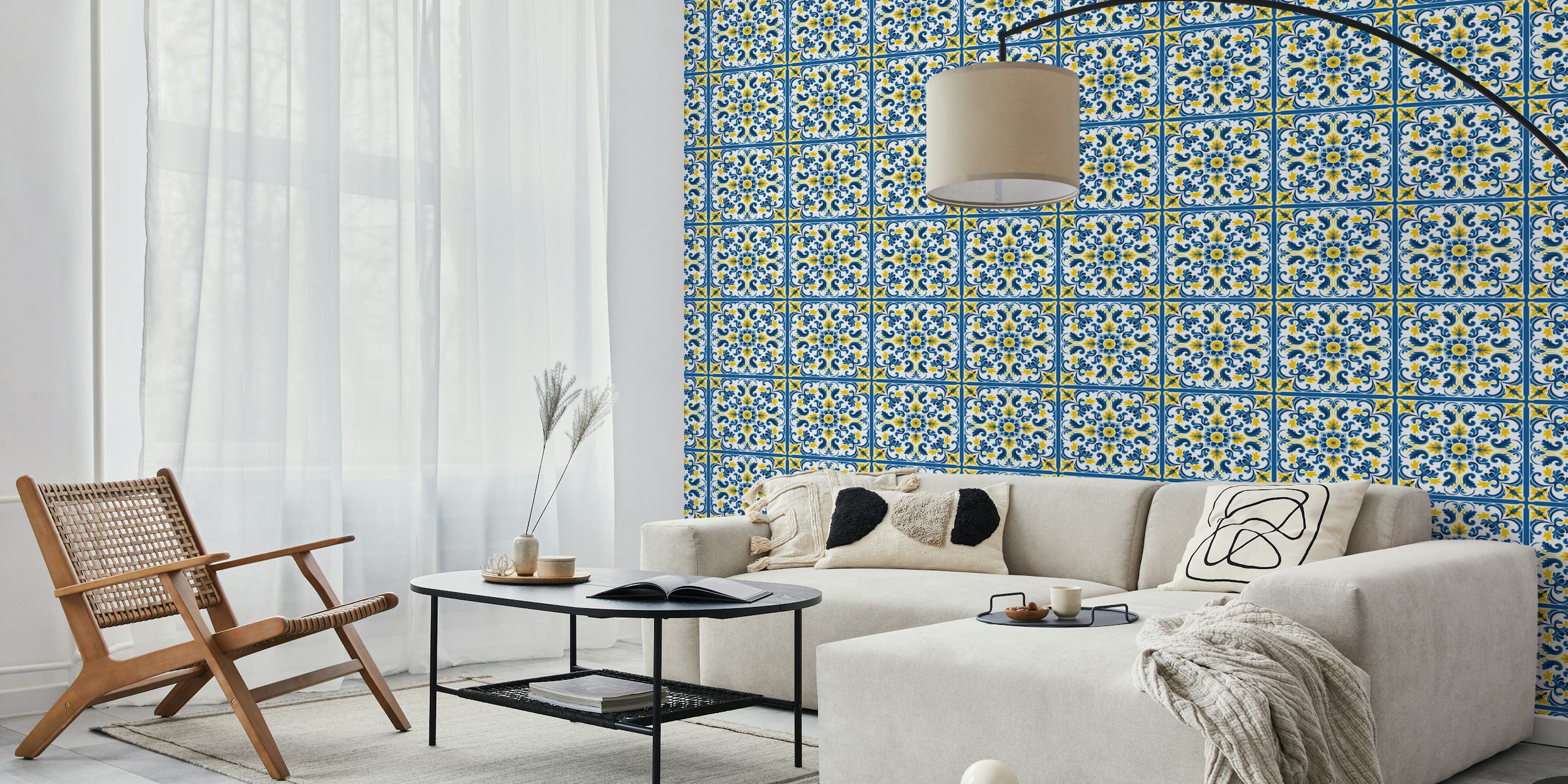 Yellow and blue ceramic tile wallpaper in a room