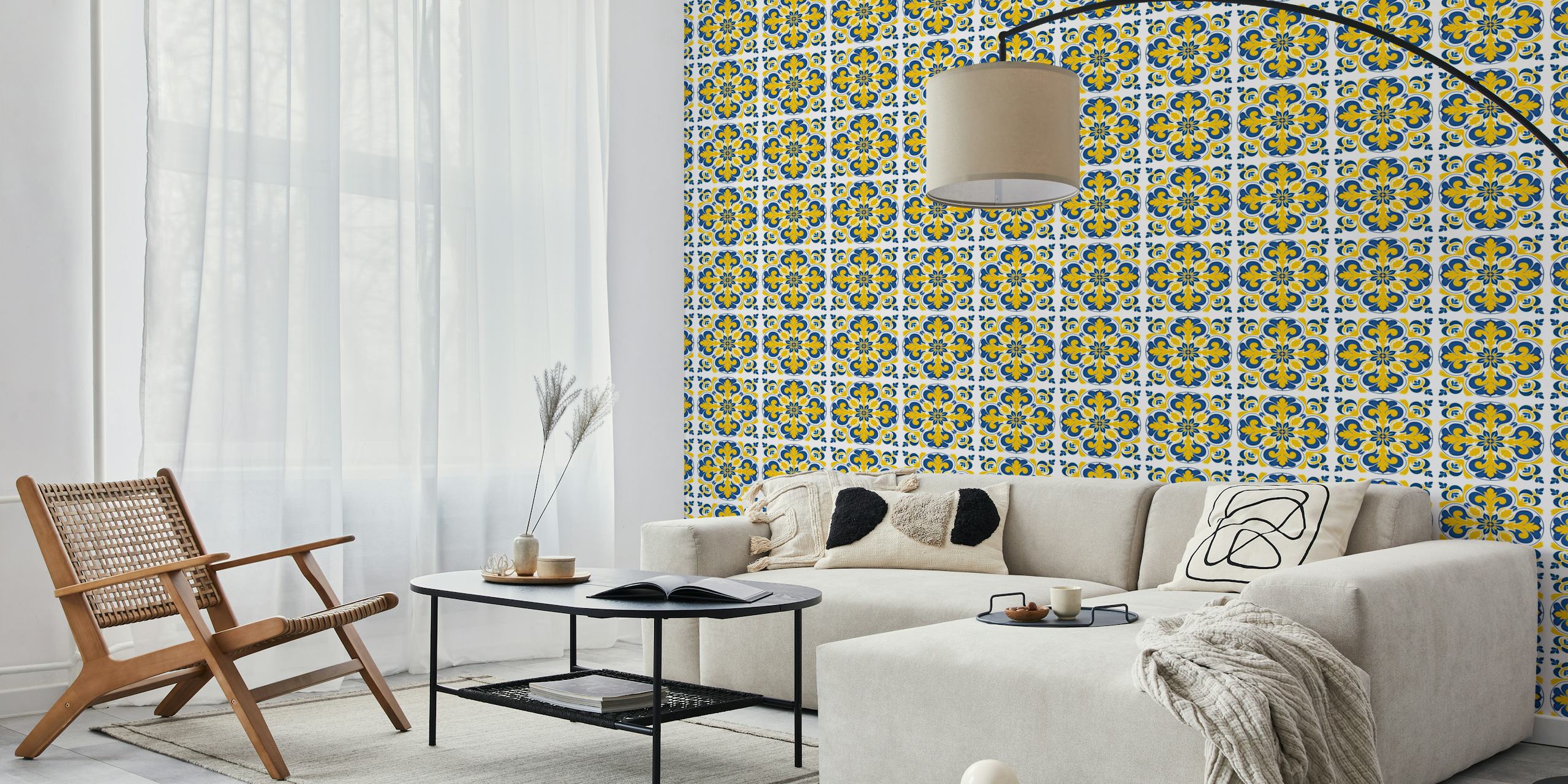 Yellow and Blue Ceramic tile tapet i ett rum