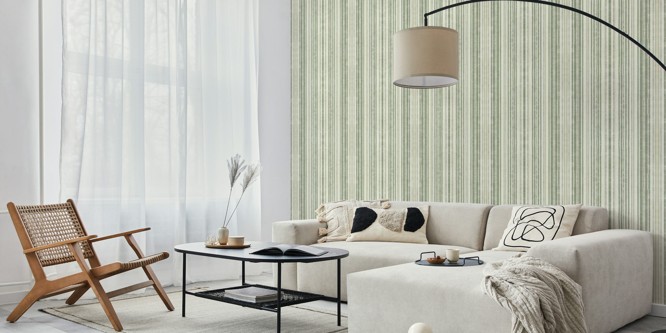 Vertical stripes in sage green and beige on a textured background wallpaper